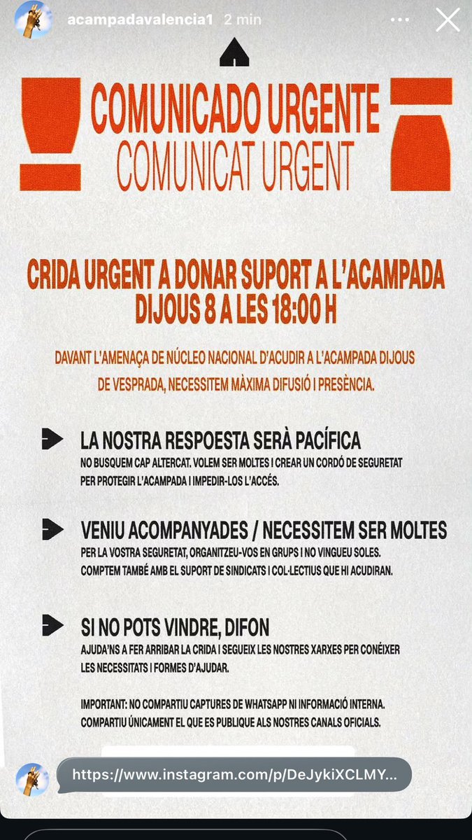 tricojones's tweet photo. difusión!! hay que frenar la entrada de núcleo nacional a la acampada de Valencia https://t.co/a1fU3I7oz5