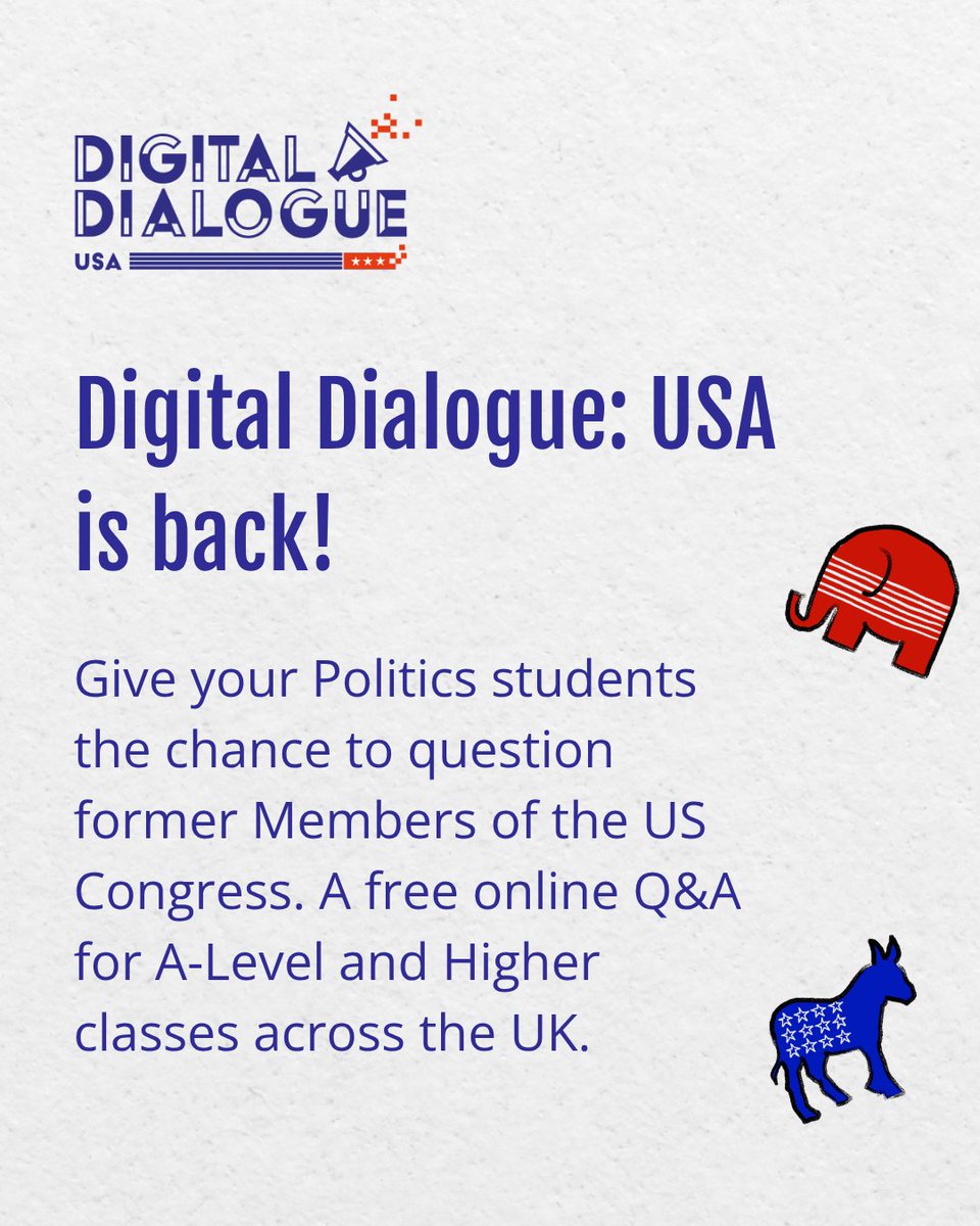PoliticsProject's tweet photo. Got a question for a former Member of Congress?

Digital Dialogue: USA gives A-Level &amp; Higher Politics students across the UK the chance to put their questions to former Members of the US Congress in a free online Q&amp;A.

👉 Sign up today: https://t.co/VfH3ZUcILw https://t.co/OMm46xgc8f