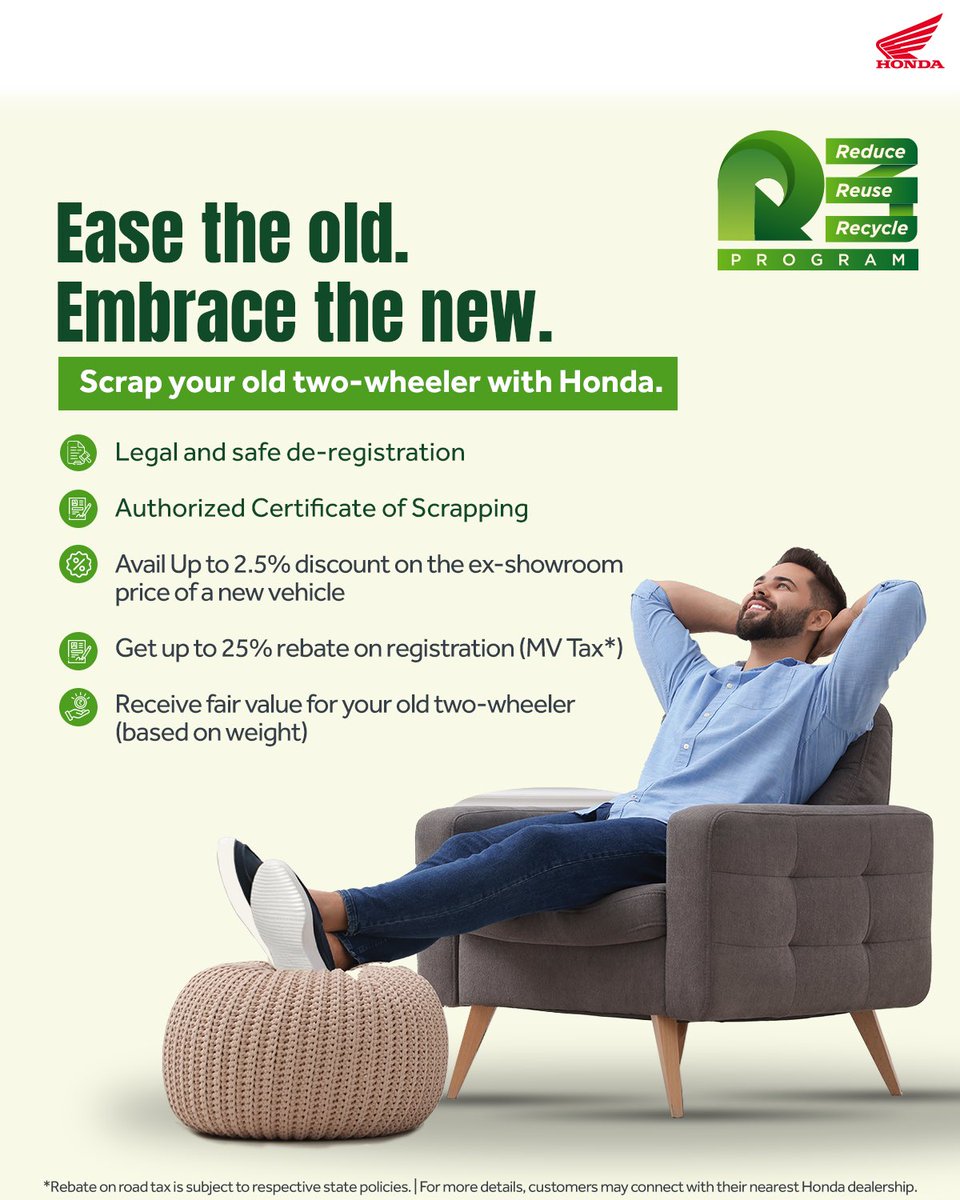 honda2wheelerin's tweet photo. Out with the old, in with peace of mind. Scrap your end-of-life two-wheeler with Honda and enjoy a smooth process and exclusive benefits on your new Honda two-wheeler.
#Honda #Honda2Wheelers #ThePowerOfDreams #ELV #HowWeMoveYou https://t.co/0qe2fV7oSg