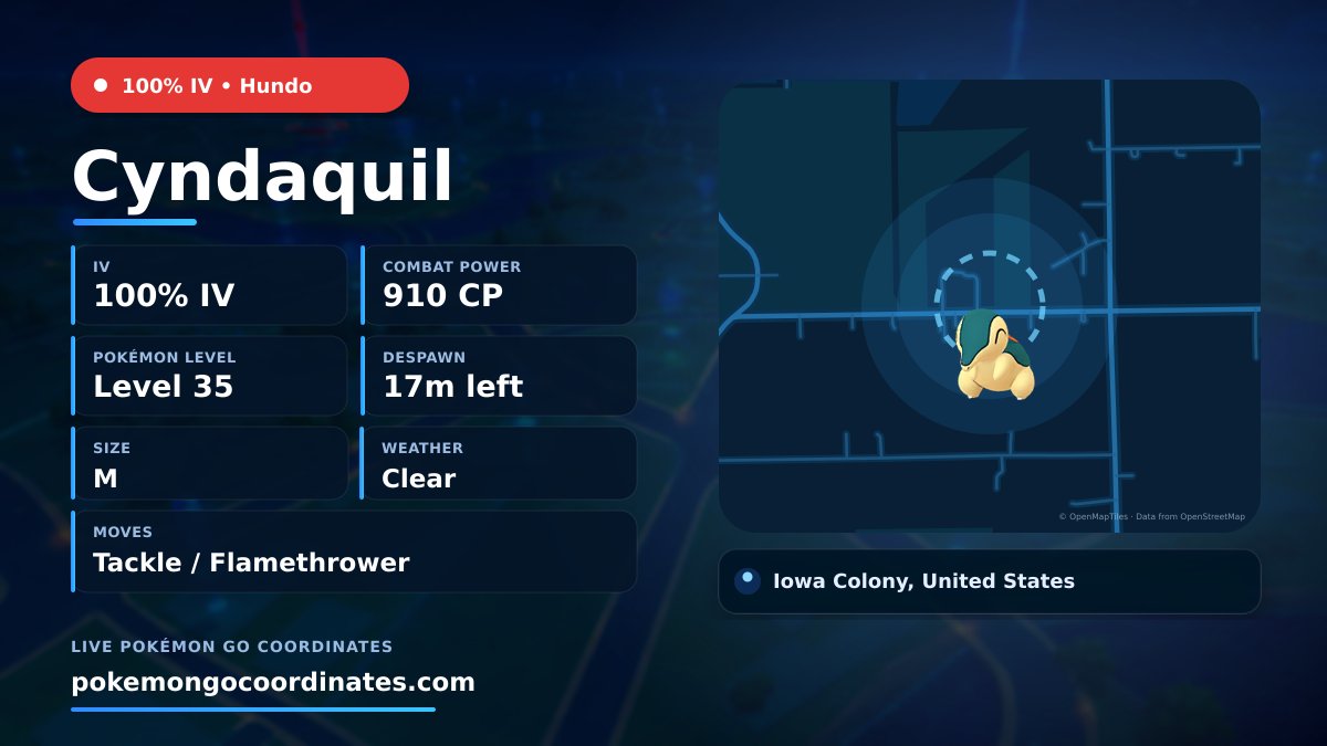 CoordsPokemonGo's tweet photo. #Cyndaquil Wild Spawns
π―% IV β’ 910 CP β’ Level 35
Despawns in 17m
π 29.410479,-95.415269
#100IVLevel35 β’ #Shiny https://t.co/uFXKhaPg0C