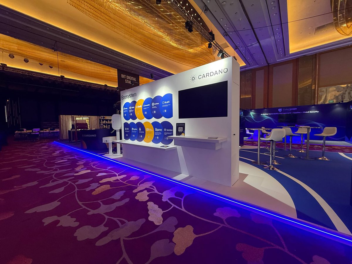 Cardano_CF's tweet photo. Cardano booth at @TOKEN2049 is up. PB5-60.

Here's what to expect:
A stage with 30+ ecosystem speakers.
A podcast studio, recording on site.
A scannable ecosystem wall.
The CF team, both days.
Merch, while it lasts.
Free coffee too.

Swing by, say hi. See you tomorrow. https://t.co/p9g5iNaeL0