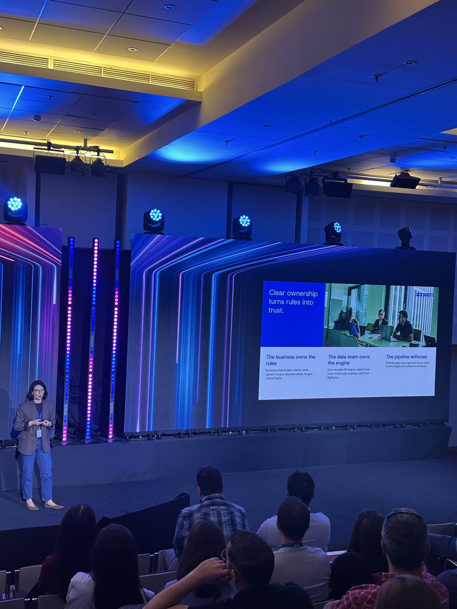bigdataweek's tweet photo. 🔵 Radu Sandulescu, Data Analytics&amp;AI Services Director, @Zitec &amp; Oana Preotesescu, Head of Data Management, Leroy Merlin, discuss #DataQuality by Design in #BigQuery with #GreatExpectations: catching issues before they affect the business. #bigdataweek #bdw2026 #bdwbucharest https://t.co/kcYAGmoWn5