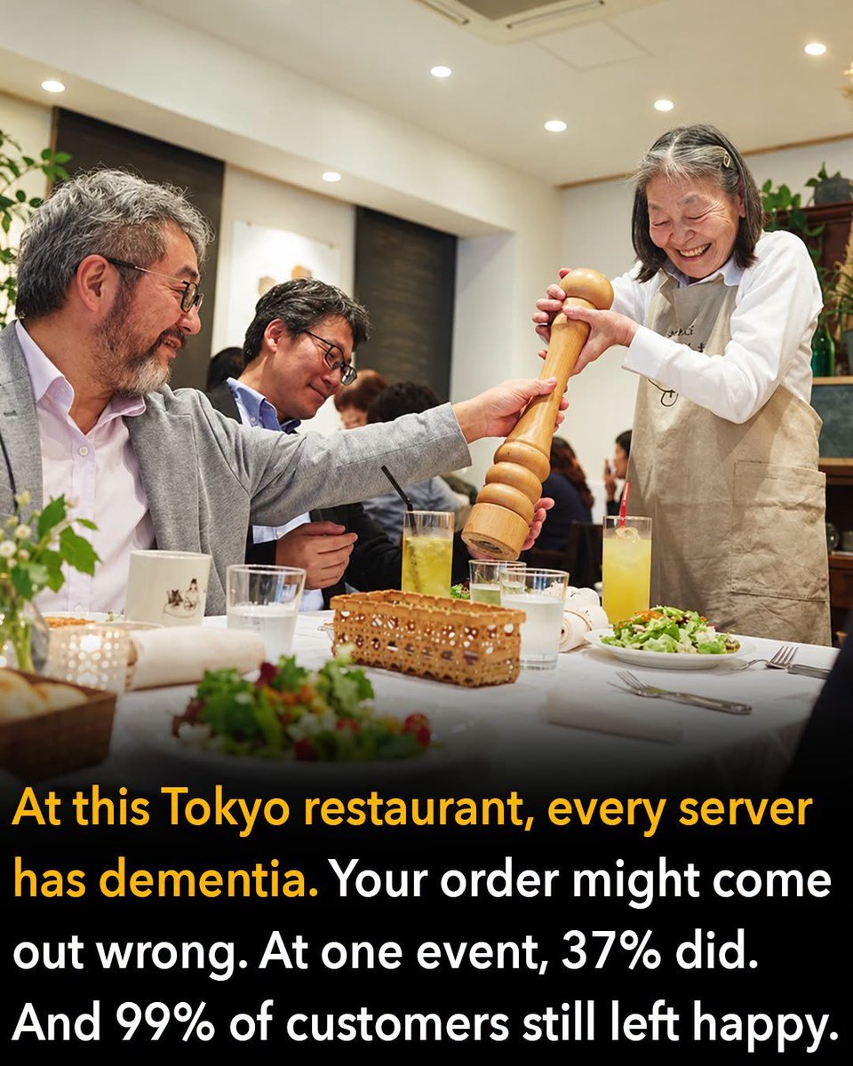 PopHemingway's tweet photo. Shiro Oguni was a TV director in Japan when he visited a group home for people with dementia. The residents cooked lunch for him. He'd been told it would be hamburgers. What came out was dumplings. Oguni was about to say something. Then he stopped himself. Did it really matter? The food was good. The people who made it were proud of it. Nobody was harmed by the mix-up.

That moment stuck with him for years. In 2017, he turned it into something no one had tried before. A pop-up restaurant in Tokyo where every server has dementia. He called it the Restaurant of Mistaken Orders. The name is the warning. Customers walk in knowing their order might come out wrong. They might get the wrong drink. The wrong dish. A server might forget what they were doing halfway to the table.

That's the point. At one of the early events, about 37% of the orders came out wrong. But 99% of customers said they left happy. Servers took orders, poured water, and chatted with diners. When something went wrong, customers laughed and helped out. Oguni said the restaurant was never about whether orders came out right. It was about changing how people see dementia.

He has said that kind of change can't come from people with dementia alone. It has to come from everyone else.
And for a few hours at a time, in one restaurant in Tokyo, it did.