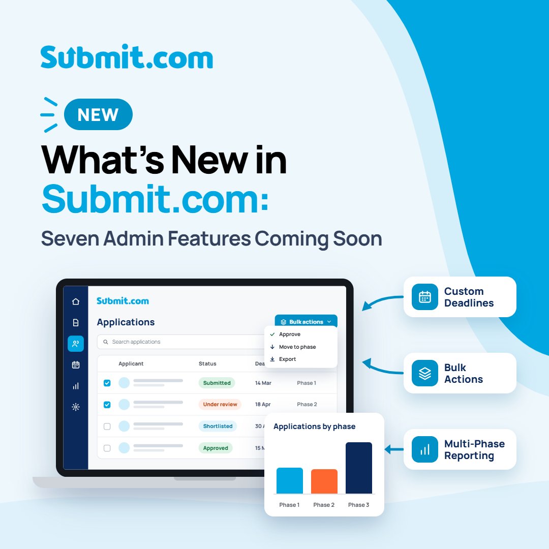 submitdotcom's tweet photo. Seven new features are rolling out over the coming weeks:

Most changes are on the admin side, so applicants keep the forms they know.

Read what each feature does, where it helps and what to check before using it on a live round.

https://t.co/wCiPWqDeUY https://t.co/kY0nlLqOFo