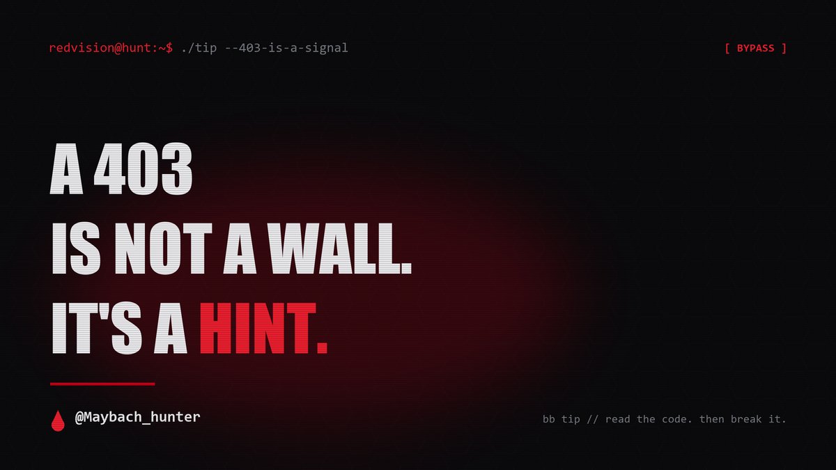 Maybach_hunter's tweet photo. tip: a 403 or a 429 is not a wall, it's a hint 🔓

before you call an endpoint dead, vary the request one axis at a time. change the method. change the case. url-encode, then double-encode. move the param into a header or the body. swap the content-type.

a filter that blocks one shape of a request often waves through another. the block itself tells you something is being guarded, which means something is there worth guarding.

one rejection is one attempt, not a verdict 🩸

#bugbounty #bugbountytips #appsec #websecurity #infosec