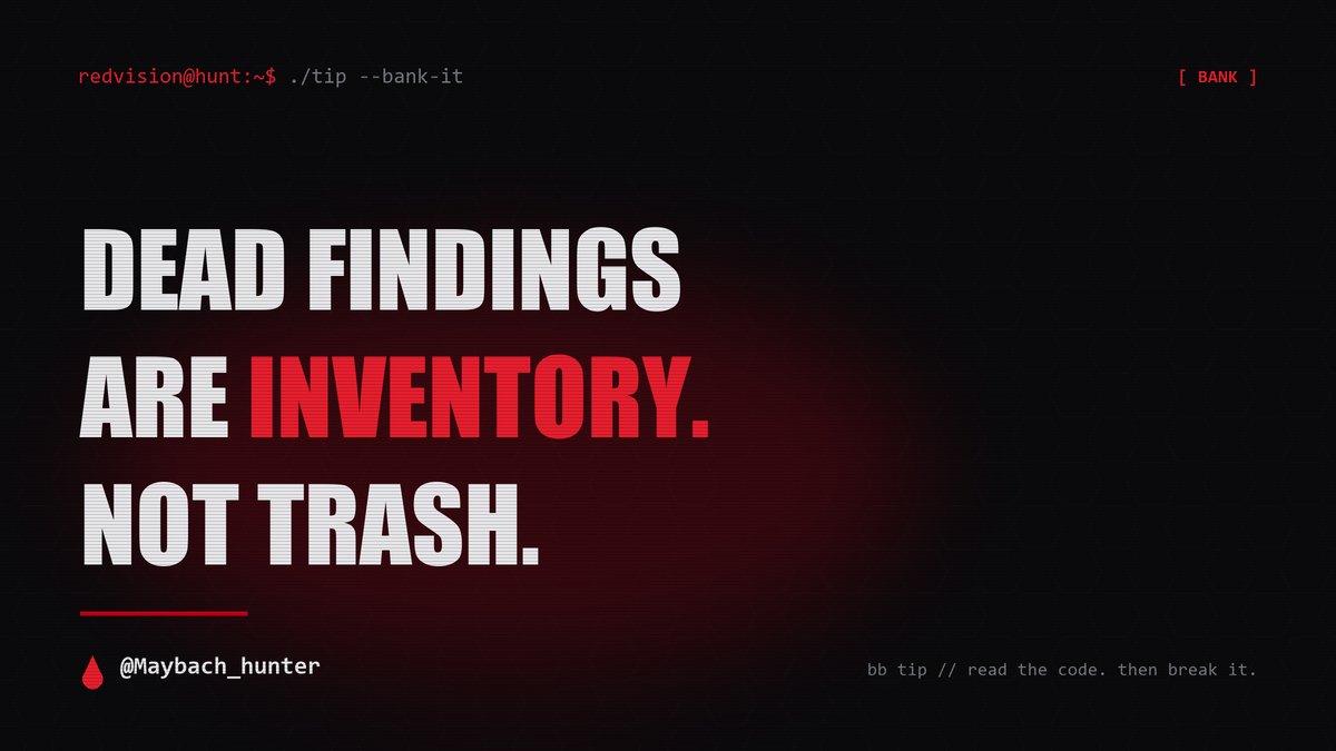 Maybach_hunter's tweet photo. tip: when a finding dies, don't delete it. bank it with a note on what would bring it back ⏳

write the finding, the reason it's dead, and the exact condition that would revive it. "works if i get a second account." "needs a leaked token." "dead unless the cache behaves differently." then date it.

weeks later when you find that missing piece on another target, you've already got half a chain written. my best payouts started as two banked zeros that finally met.

dead findings are inventory, not trash 🩸

#bugbounty #bugbountytips #infosec #appsec #methodology