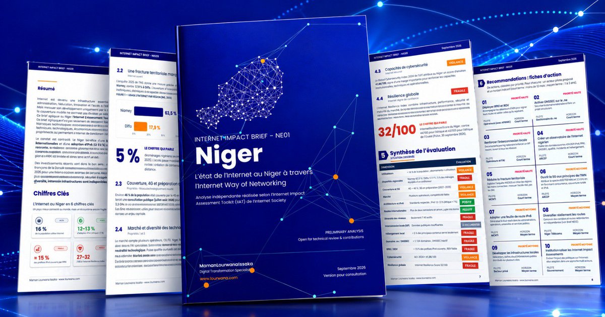 lourwana's tweet photo. 📱 Imaginez que vous devez envoyer un dossier urgent, recevoir un paiement ou appeler un proche. Et Internet ne répond plus.

Derrière cette connexion, il y a un étudiant qui prépare son avenir, une commerçante qui attend une commande, un entrepreneur qui fait vivre sa famille.

Voilà pourquoi l’état de l’Internet au Niger nous concerne tous.

J’ai préparé un brief pour comprendre les forces de notre réseau, ses fragilités et les actions qui pourraient le rendre plus solide et accessible dans nos régions.

📄 Je vous invite à le lire, même si vous n’êtes pas spécialiste, vous y découvrirez ce qui se joue derrière les petites barres de réseau sur votre téléphone.

Ce travail reste ouvert à vos contributions, vos expériences, vos observations et, pour les acteurs techniques, vos données et corrections peuvent l’enrichir.

👉 Lire et télécharger le brief via le lien 

💬 Dans votre quotidien, qu’est-ce qu’une mauvaise connexion vous a déjà empêché de faire ?

📩 Contributions techniques : issaka@lourwana.com

#Niger #Internet #Numérique #DigitalNiger