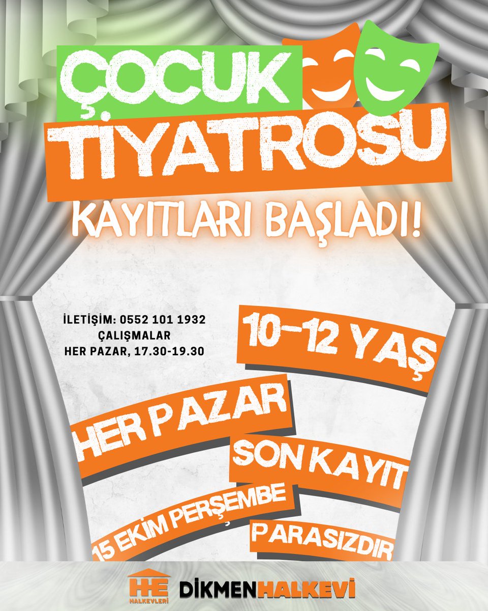 HEDikmen's tweet photo. Dikmen Halkevi'nde Çocuk Tiyatrosu  başlıyor!

Son kayıt 15 Ekim Perşembe, çalışmalar her pazar!

Faaliyetimiz parasızdır🎈 https://t.co/oG7HSwPz1J