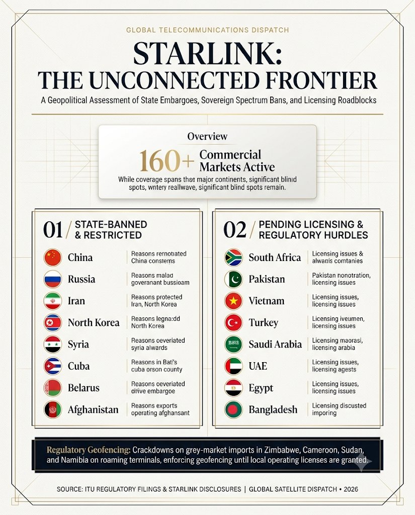 habustudio's tweet photo. Global Access Map: Where Starlink is Blocked or Awaiting Approval
While SpaceX’s Starlink now operates in over 100 countries, significant global coverage gaps remain due to geopolitical sanctions, state security policies, and pending spectrum licenses.
1. Restricted & State-Banned Nations
(Blocked due to state monopolies, security restrictions, or international sanctions)
 * China: Banned to protect domestic space and satellite constellations (Guowang / Qianfan).
 * Russia: Banned due to national security concerns and military restrictions.
 * Iran: Blocked locally under strict state internet control and US sanctions.
 * North Korea: Total state-enforced telecommunications blackout.
 * Syria: Under comprehensive international sanctions and state regulatory blocks.
 * Cuba: Restricted under US embargo provisions and state telecommunications law.
 * Belarus: Blocked under regional security arrangements and active sanctions.
 * Afghanistan: Unapproved under current administrative and telecommunications rules.
 * Myanmar: Banned by the military regime, with strict prohibitions on satellite hardware.
 * Venezuela: Lacks operational authorization and regulatory agreements.
2. Pending Regulatory & Spectrum Approvals
(Applications submitted or trials underway, awaiting final commercial clearance)
 * India: Awaiting finalized administrative spectrum allocations, pricing, and national security clearances.
 * South Africa: Held up by the mandatory 30% local equity ownership rule for telecom operators.
 * Pakistan: Pending technical and security evaluation by the Pakistan Telecommunication Authority (PTA).
 * Vietnam: Subject to mandatory local data storage and joint-venture corporate requirements.
 * Thailand: Under review by the NBTC regarding foreign satellite licensing guidelines.
 * Turkey: Pending national spectrum assignment and BTK regulatory approval.
 * Saudi Arabia: Ongoing discussions covering CITC licensing and localized infrastructure.
 * UAE: Commercial satellite broadband applications currently under review by TDRA.
 * Bangladesh: Technical trials completed; awaiting final spectrum license terms.
 * Egypt: Subject to military and national telecom regulatory agency approvals.
3. Regulatory Crackdowns on Grey-Market Imports
In several markets without direct licenses (notably Zimbabwe, Cameroon, Sudan, and Namibia), local telecom authorities have penalized the illicit importation of roaming terminals, prompting SpaceX to enforce geofencing until commercial licenses are granted.
#Starlink #SpaceX #SatelliteInternet #TelecomRegulations #GlobalTech #Geopolitics #Connectivity