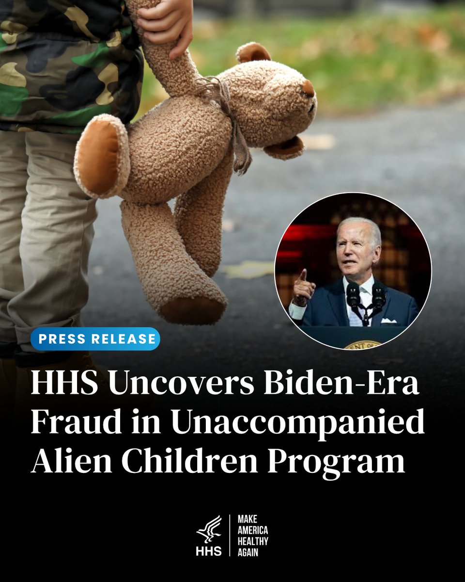 HHSGov's tweet photo. A new HHS review identified six forms of fraud in the Unaccompanied Alien Children (UAC) Program during the Biden administration which contributed to children being placed in unsafe situations.

HHS is prioritizing child safety by rooting out fraud and strengthening sponsor vetting and oversight for the UAC program.