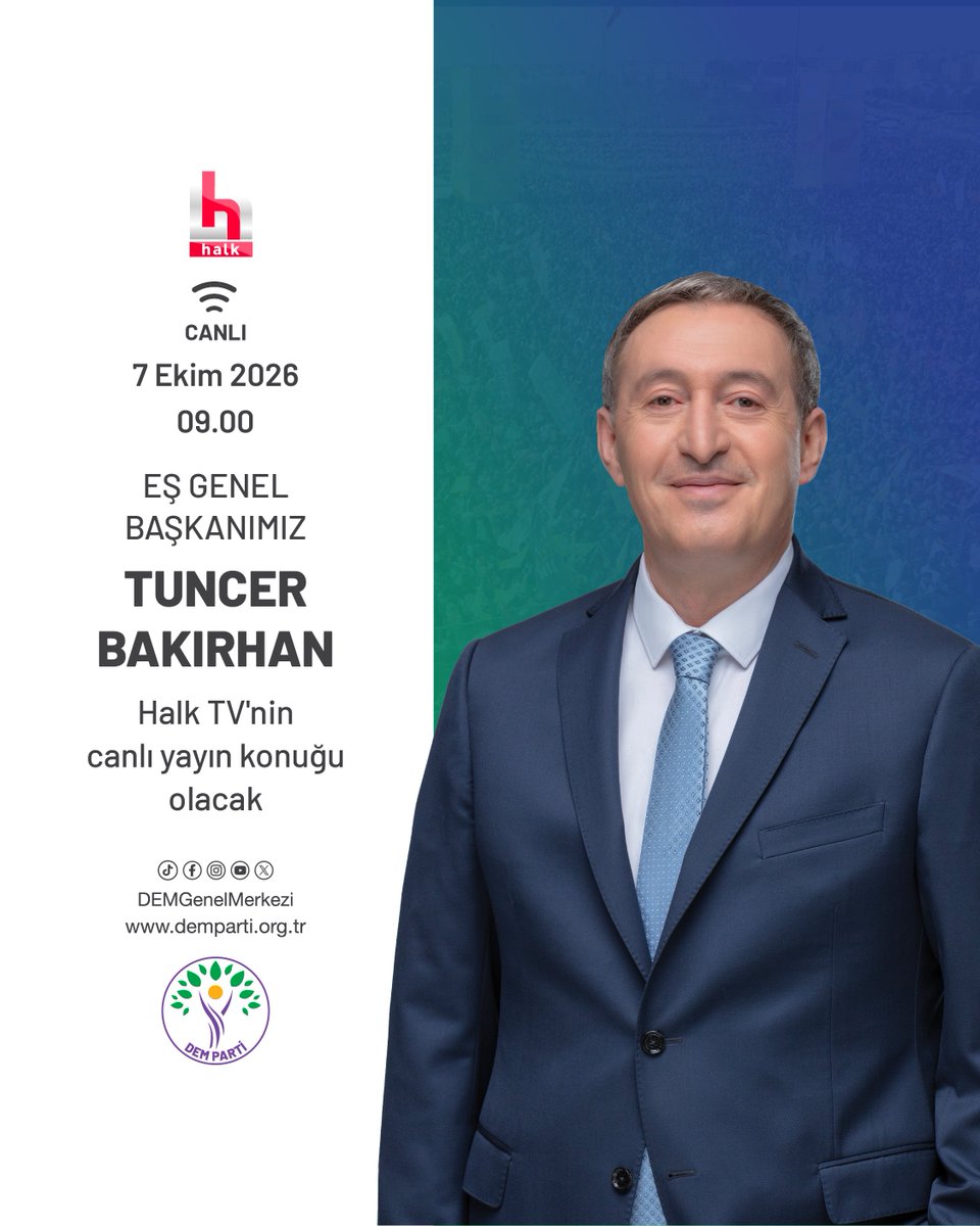 DEMGenelMerkezi's tweet photo. Eş Genel Başkanımız Tuncer Bakırhan, yarın sabah (7 Ekim Çarşamba) saat 9:00'da Halk TV'nin canlı yayın konuğu olacaktır. https://t.co/0KSg0BeP3V