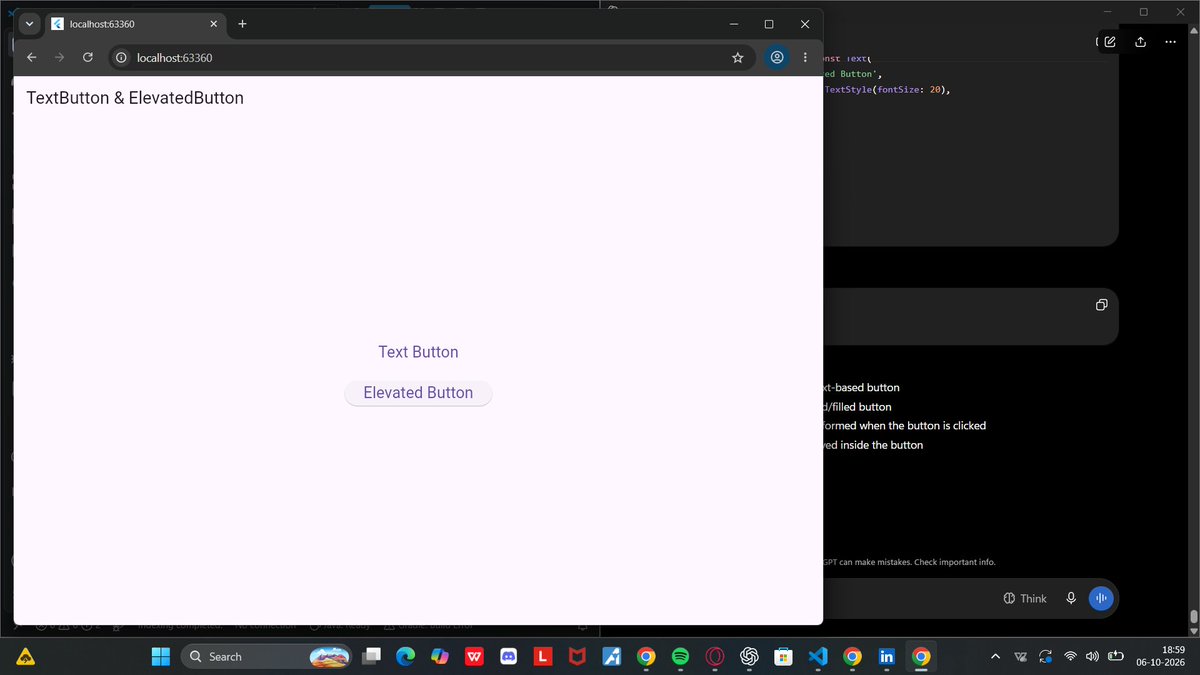 Shet88950Anusha's tweet photo. Day 19 of #100DaysOfCode 
Continued my Flutter learning journey by practicing TextButton &amp; ElevatedButton and understanding button actions with onPressed.

Building my Flutter skills one day at a time. 
GIT:https://t.co/el7Fa8w52G

#Flutter #Dart #30DaysOfFlutter #CodingJourney https://t.co/xUBCH91CCu