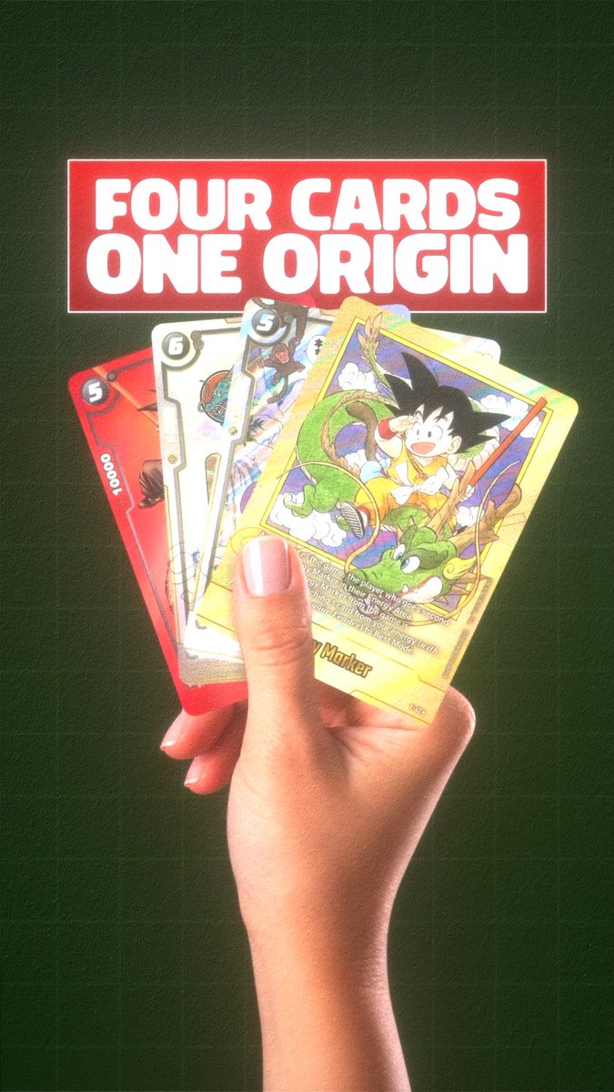 A hand holds four trading cards fanned out, including a yellow Dragon Ball card with 'Story Maker' text, against a dark green background with the heading 'FOUR CARDS ONE ORIGIN'.
