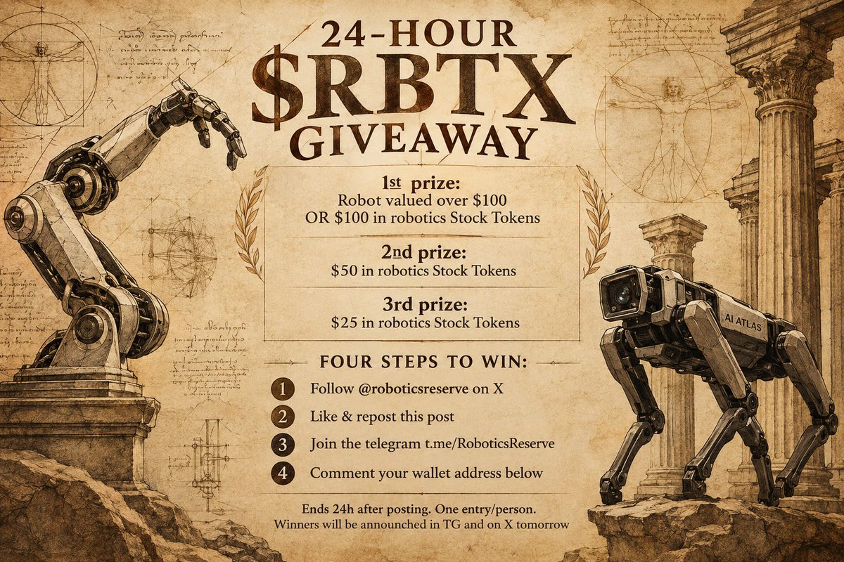 RoboticsReserve's tweet photo. 24-HOUR $RBTX GIVEAWAY

1st prize: Robot valued over $100 OR $100 in robotics Stock Tokens 
2nd prize: $50 in robotics Stock Tokens 
3rd prize: $25 in robotics Stock Tokens

Four steps to win:

Follow @roboticsreserve on X
Like & repost this post
Join the telegram https://t.co/2SdS8f4jeY
Comment your wallet address below 

Ends 24h after posting. One entry/person.
Winners will be announched in TG and on X tomorrow