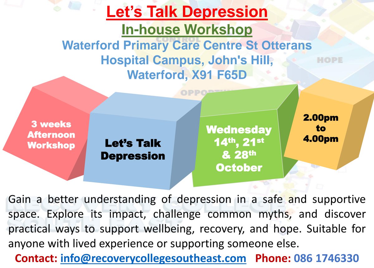 RecoverySe's tweet photo. Reminder! Let's Talk Depression starts next week 

Weds 14th, 21st &amp; 28th Oct | 2-4pm
📍 Waterford Primary Care Centre, John's Hill
📧 info@recoverycollegesoutheast.com |
📞 086 1746330
#RecoveryCollege #Waterford #MentalHealthMatters https://t.co/zdwKXgx7nJ