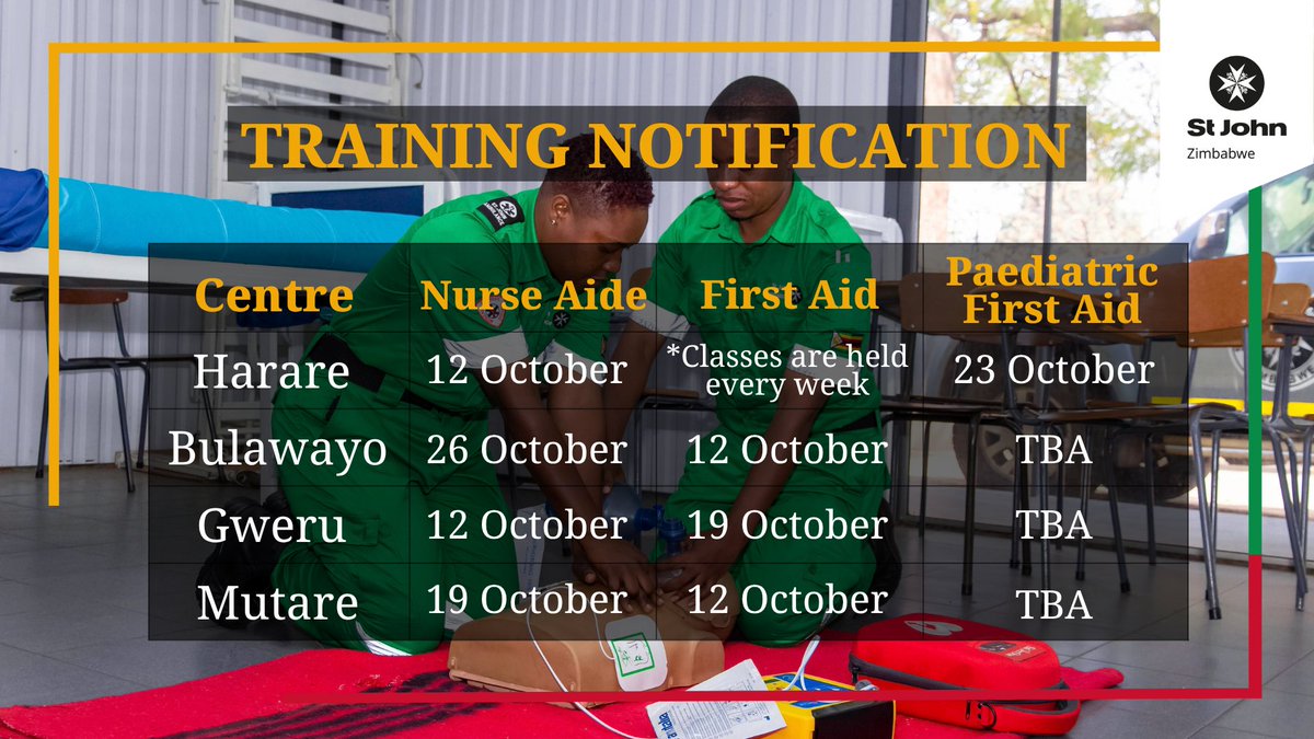 StJohnZim's tweet photo. Gain practical, life-saving skills with St John Ambulance Zimbabwe’s certified training programmes. Suitable for individuals, groups, and organisations. https://t.co/c7WceXvOmU