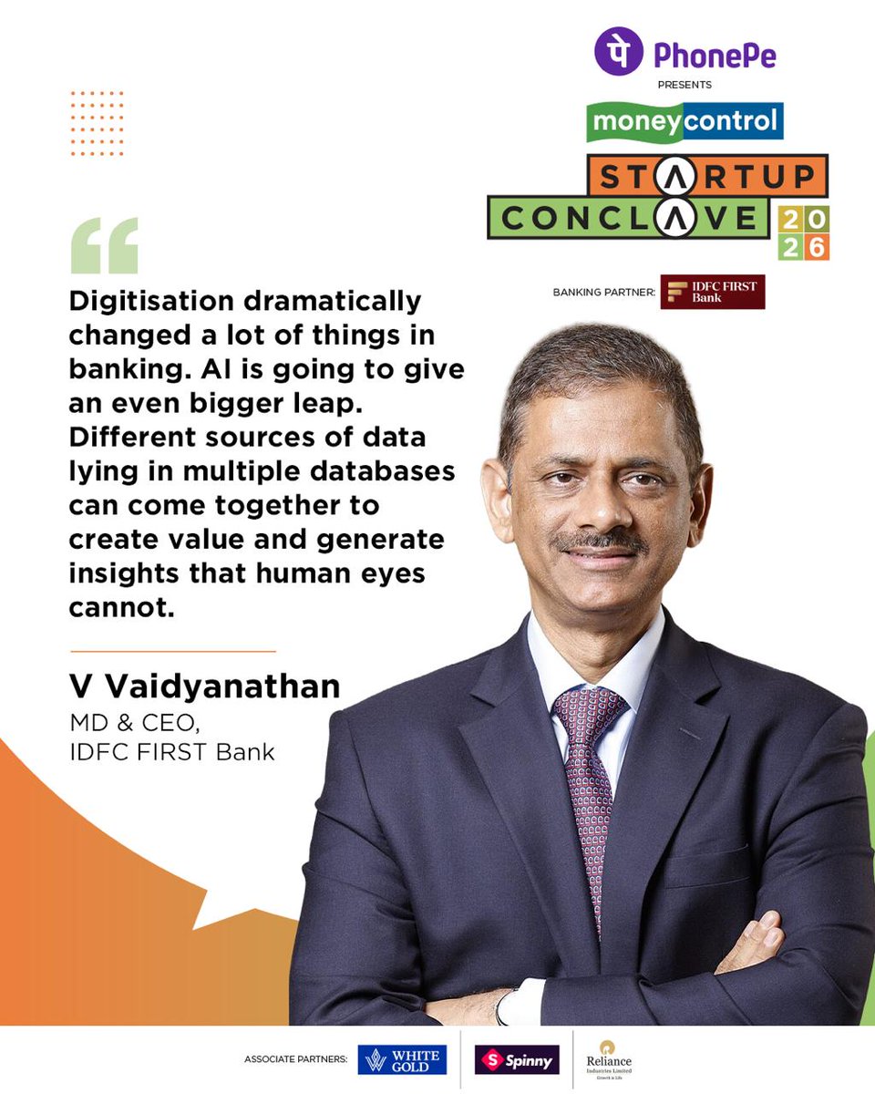 moneycontrolcom's tweet photo. As AI moves deeper into financial services, the ability to connect fragmented data and turn it into actionable intelligence could fundamentally change how banks understand customers, risks and opportunities.

A perspective from V Vaidyanathan, MD & CEO, IDFC FIRST Bank, at Moneycontrol Startup Conclave ’26.

#MoneycontrolStartupConclave #TheBigReset #AI #Banking #FintechIndia

@PhonePe | @IDFCFIRSTBank | @myspinny