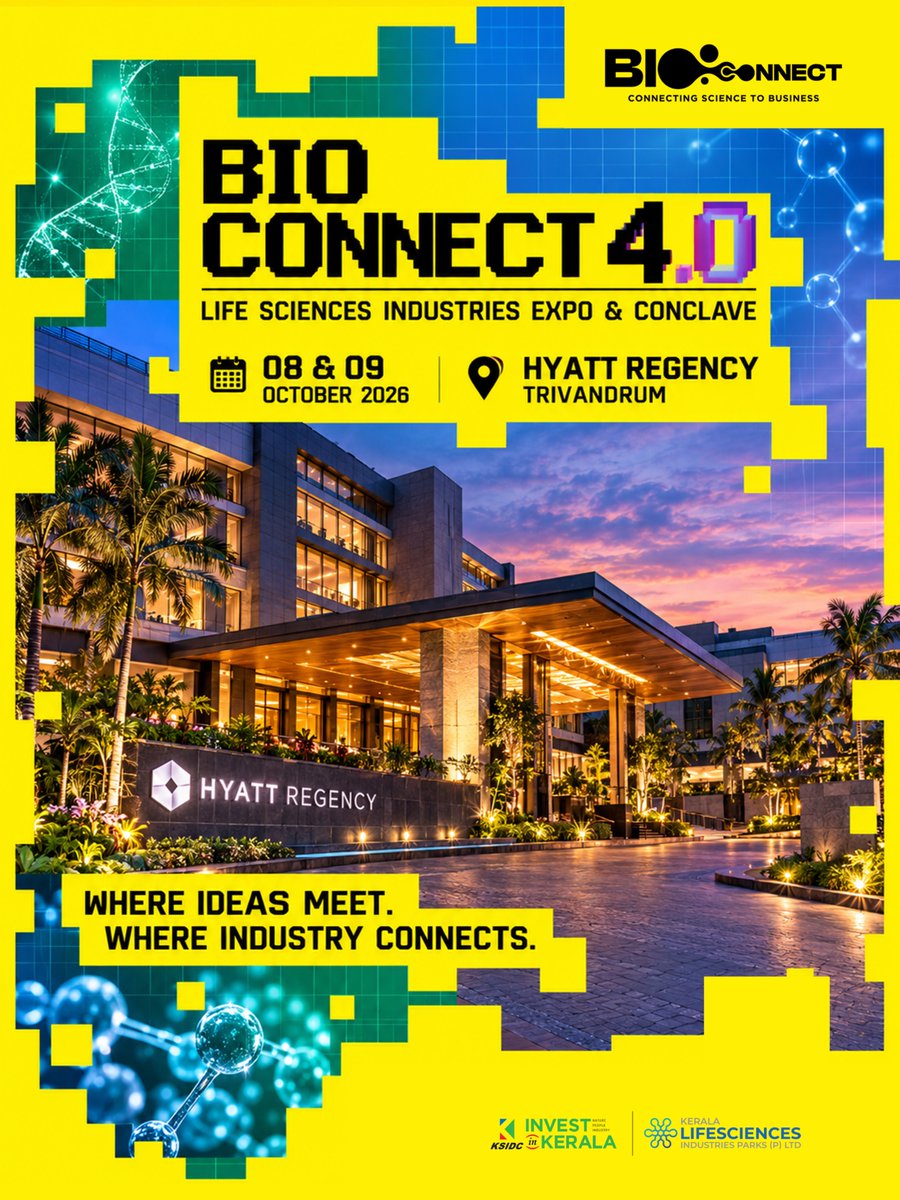 invest_kerala's tweet photo. *Bio Connect 4.0 — Where Science Meets Possibility.*🧬
Connecting researchers, innovators, industry leaders, startups and investors to shape the future of life sciences.
📍 Hyatt Regency Trivandrum
📅 08 & 09 October 2026
Connect. Collaborate. Create what’s next.
#BioConnect4 #LifeSciences #Biotechnology #Keralam #InvestInKeralam #LifeSciencesInnovation #KSIDCWorks