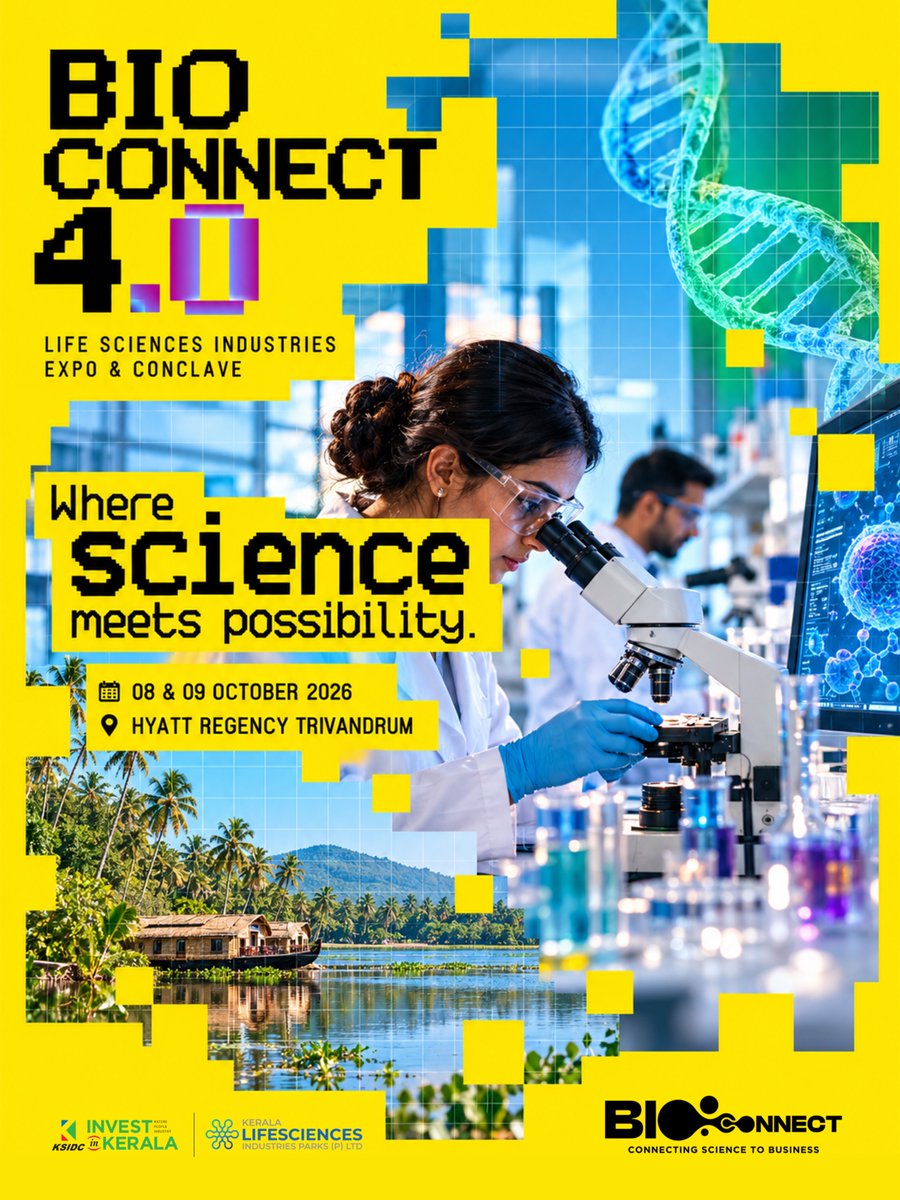 invest_kerala's tweet photo. *Bio Connect 4.0 — Where Science Meets Possibility.*🧬
Connecting researchers, innovators, industry leaders, startups and investors to shape the future of life sciences.
📍 Hyatt Regency Trivandrum
📅 08 & 09 October 2026
Connect. Collaborate. Create what’s next.
#BioConnect4 #LifeSciences #Biotechnology #Keralam #InvestInKeralam #LifeSciencesInnovation #KSIDCWorks