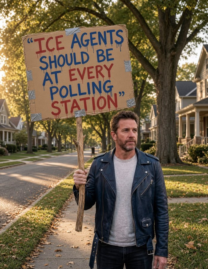 Taryn018Kis_'s tweet photo. A guy on a quiet street is holding the argument Democrats do not want near a ballot box. If non-citizens cannot vote, agents at the polls should not scare anyone. Should ICE be at every station? https://t.co/QhgSau7UoV