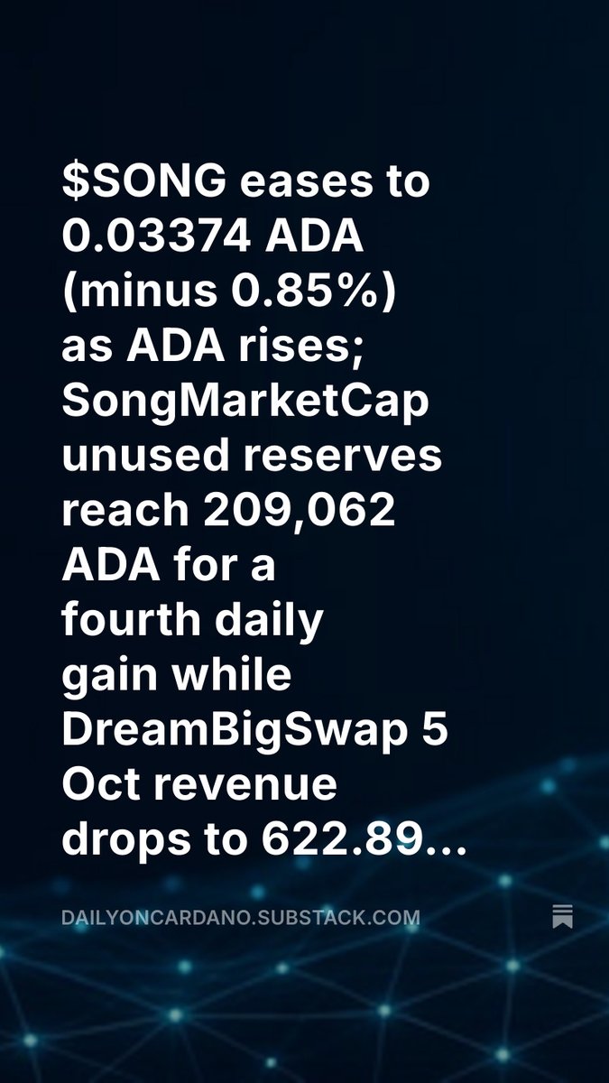 DailyOnCardano's tweet photo. $SONG briefing: native 0.03374 ADA, -0.85% while ADA rises (no reliable USD tick). Unused reserves 209,062 ADA, up 559, a fourth daily gain; DreamBigSwap 5 Oct earned 622.89 ADA, 8,997 SONG to LP. https://t.co/MWw3rEAotd $SONG #Cardano #SongMarketCap https://t.co/8GsT6h4mCs