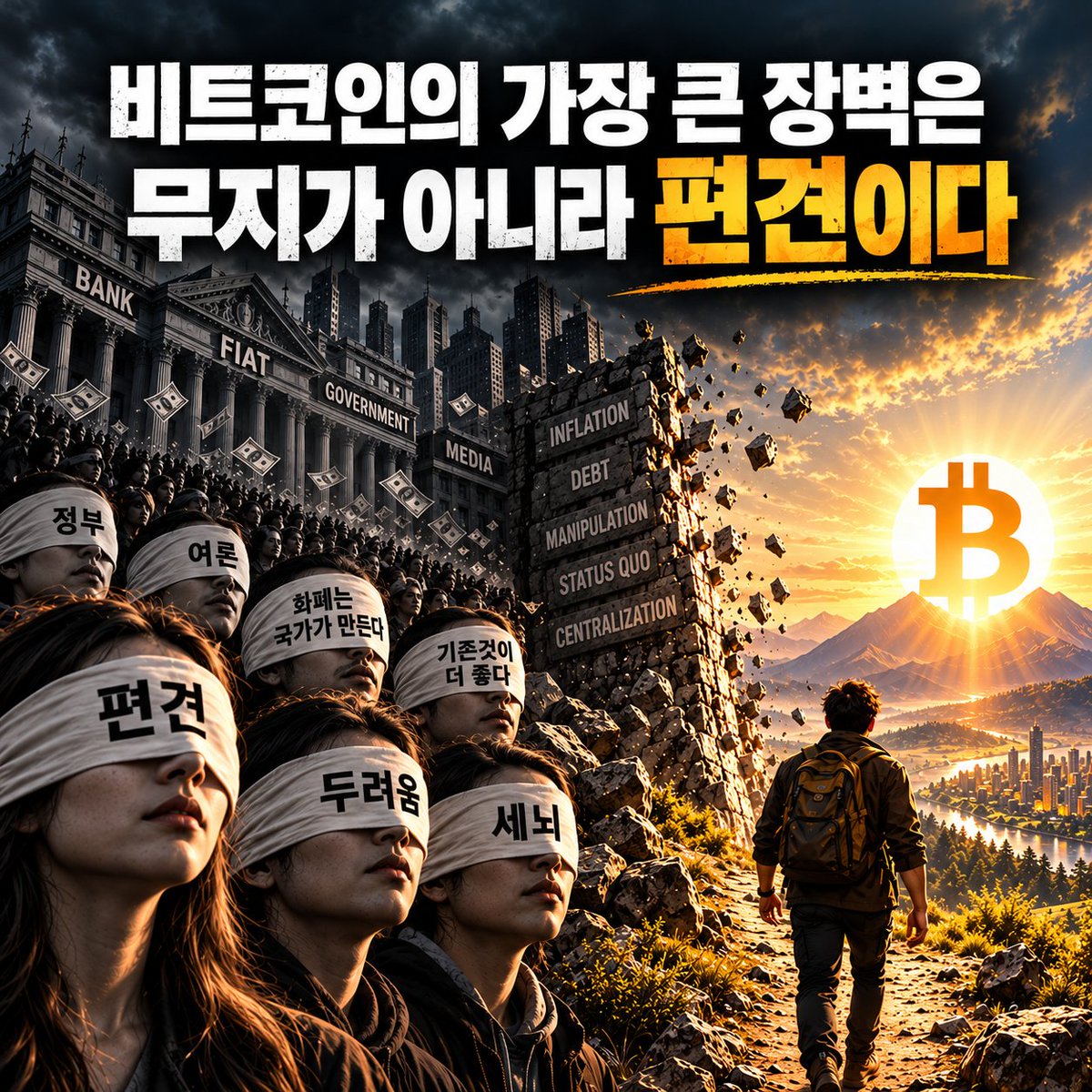 ExitFiatForBTC's tweet photo. 비트코인의 가치를 알아보는 사람은
평범한 사람이 아니다.
자라면서 자연스럽게 갖게 된 편견을 극복하고,
사물을 그 자체로 바라보며
그 안의 구조를 꿰뚫어 볼 수 있는
눈을 가졌기 때문이다.

범인(凡人)들에게는 더 많은 시간이 필요하다.
먼저 머릿속에 자리 잡은 그릇된 사실을 지워내는
‘Unlearn’의 시간이 반드시 필요하기 때문이다.

하지만 그것조차 쉽지는 않다.
사람들에게 자신이 이미 속고 살아왔다는 사실을
깨닫게 하는 일은 그들을 처음부터 속이는 것보다
훨씬 더 어렵기 때문이다.

그래서 사람들은 익숙한 것을 쉽게 버리지 못한다.

누군가가 발행하고,
누군가가 통제하고,
누군가가 공급량을 바꾸고,
누군가의 결정에 따라 가치가 흔들리는 돈에
너무 오랫동안 익숙해져 있기 때문이다.
그래서 아직도 알트코인 같은
피아트의 속성을 그대로 답습한 산물들이
‘더 빠른 수익’, ‘더 좋은 기술’, 
‘다음 비트코인’이라는 말로
사람들을 끊임없이 유혹한다.

겉모습은 새로워졌지만
그 안의 구조는 크게 다르지 않다.
중앙의 주체가 있고,
그들에게 더 많은 권한과 물량이 있으며,
결국 누군가를 다시 믿어야 한다.
비트코인을 이해하기 어려운 이유는
새로운 것을 배워야 해서만이 아니다.

오히려 지금까지 당연하다고 믿어왔던
‘돈’에 대한 생각부터 버려야 하기 때문이다.
그래서 비트코인을 공부한다는 것은
단순히 하나의 자산을 공부하는 일이 아니다.
돈이란 무엇인지,
가치는 누가 결정하는지,
내 노동과 시간을 저장한 가치를
누가 통제할 수 있어야 하는지를
처음부터 다시 묻는 과정이다.

결국 비트코인을 이해하는 데 
가장 큰 장벽은 기술이 아니라
우리가 이미 알고 있다고 
믿는 것들인지도 모른다.