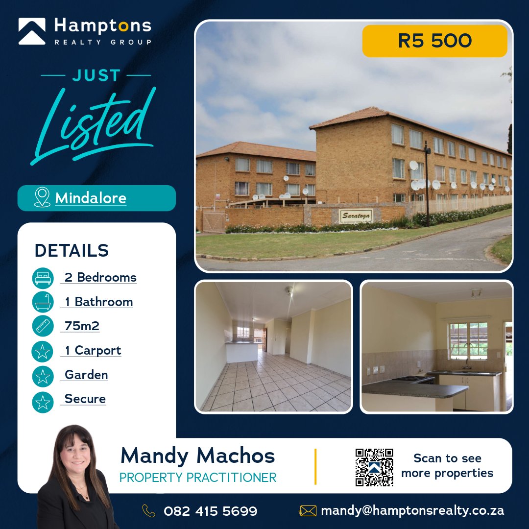 RealtyHamptons's tweet photo. Your dream space awaits ✨

Discover this cozy 2-bedroom apartment in Mindalore, offering modern living and a secure environment at just R5 500/month. Make it yours today—contact Mandy Machos for details!

#MindaloreLiving #PropertyForRent #DreamApartment https://t.co/BA5ad3OUPy