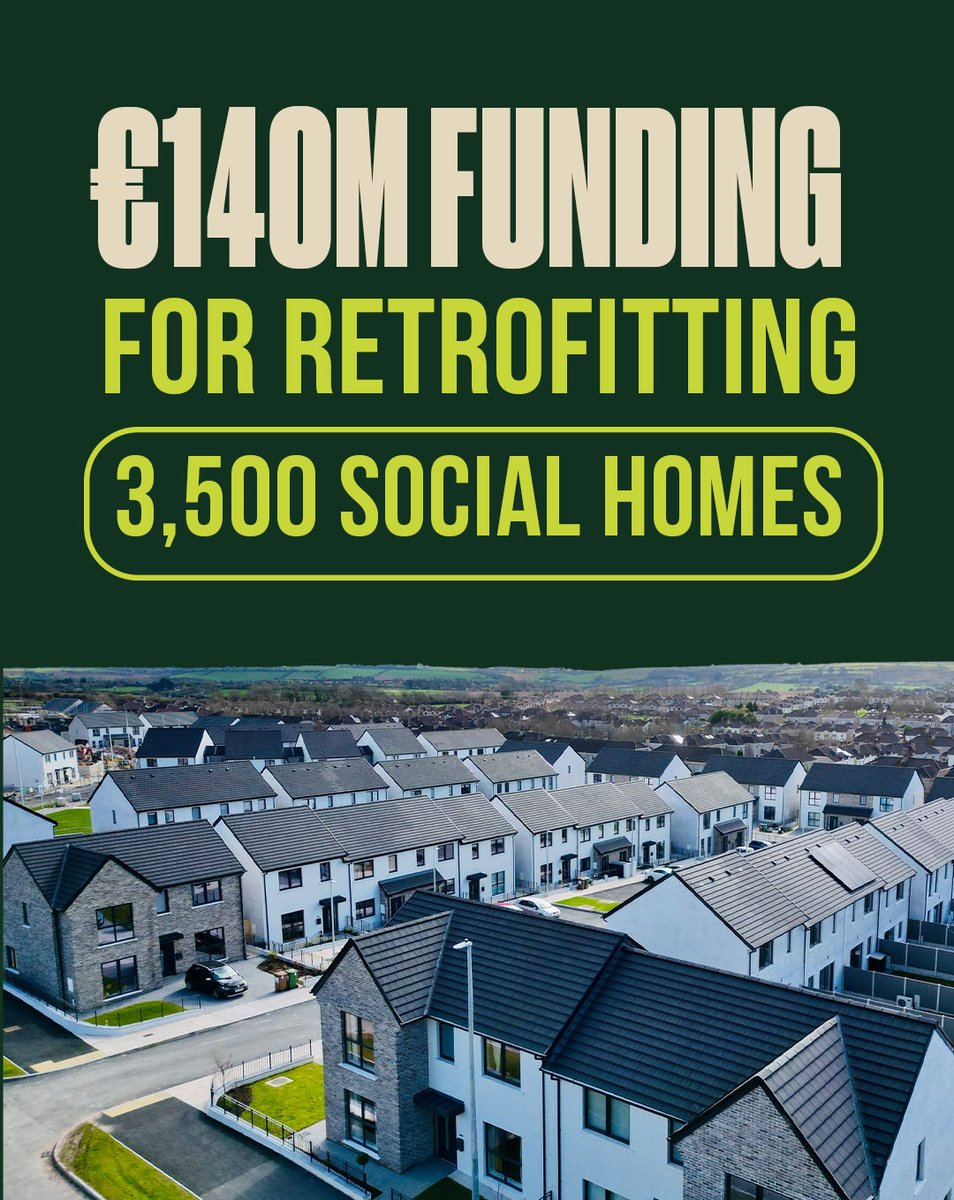 fiannafailparty's tweet photo. ♻️ €140 million to retrofit 3,500 social homes, making homes warmer and more energy efficient.

This is about building at scale, investing for the long term, increasing supply, supporting people into home ownership and delivering more social &amp; affordable homes. https://t.co/vXZKkyTCOg