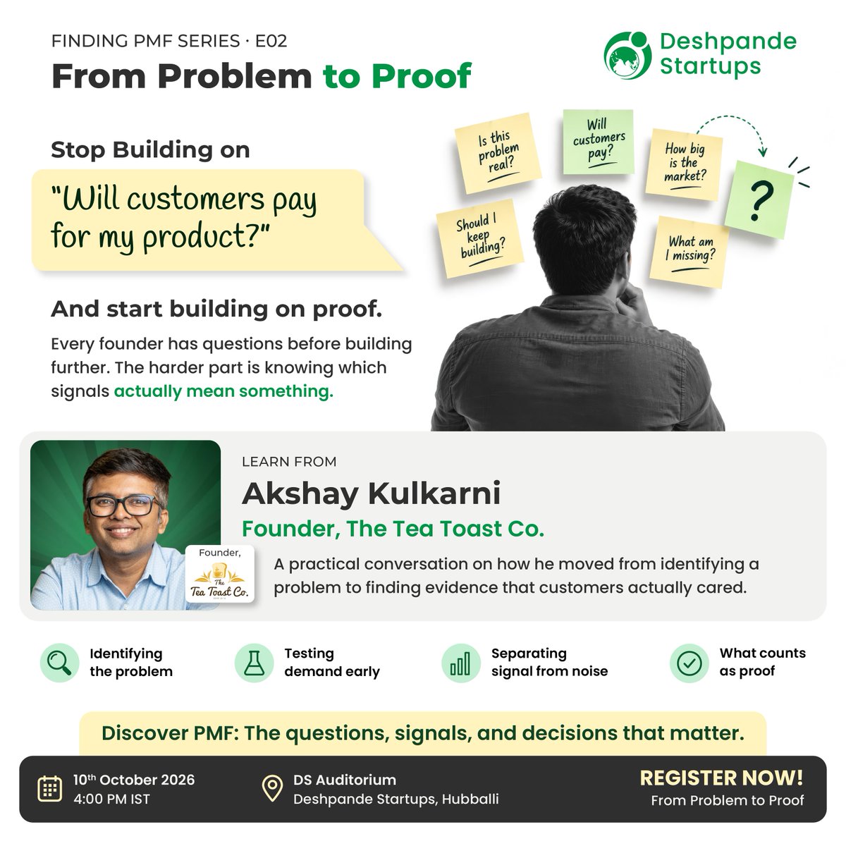 DFstartups's tweet photo. You think you’ve found the right problem. But how do you know? A problem can feel real. Early feedback can look encouraging.

 Finding PMF Series · E02: From Problem to Proof 
• 10 Oct | 4:00 PM
• DS Campus, Hubballi

Register Now: https://t.co/RjaZ6I2488 

#FindingPMF https://t.co/C0d0lHjh3F