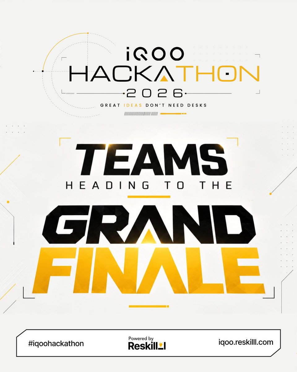 Reskilll's tweet photo. From thousands of submissions to the final contenders. 🔥
The wait is over.

Meet the Top Teams heading to the iQOO Hackathon 2026 Grand Finale.

Registrations closed, the ideas came in, and only a few made the cut. These teams stood out from the crowd, pushed their ideas further and earned their place on the biggest stage of the season.

Now the real challenge begins. Three days of intense building, relentless iteration and hands-on innovation, all on an iQOO phone. ⚡

📍 Bengaluru
📅 9th–11th October 2026
🏆 Prize pool of INR 15,00,000

To every team on this list: you made the cut. Now make it count. 🚀

Tag your team. The countdown to the Grand Finale begins. ⏳

@iqooind @iqoocommunityind
#iQOOHackathon #GrandFinale #reskilllhackathon #iqoo #reskilll