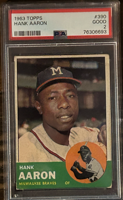 Cardbizon's tweet photo. 1963 Hammerin' Hank!  During his age 37 and 39 seasons he had an OPS of 1.079 and 1.044, both would have led MLB this year. https://t.co/B5pV2OKAvg