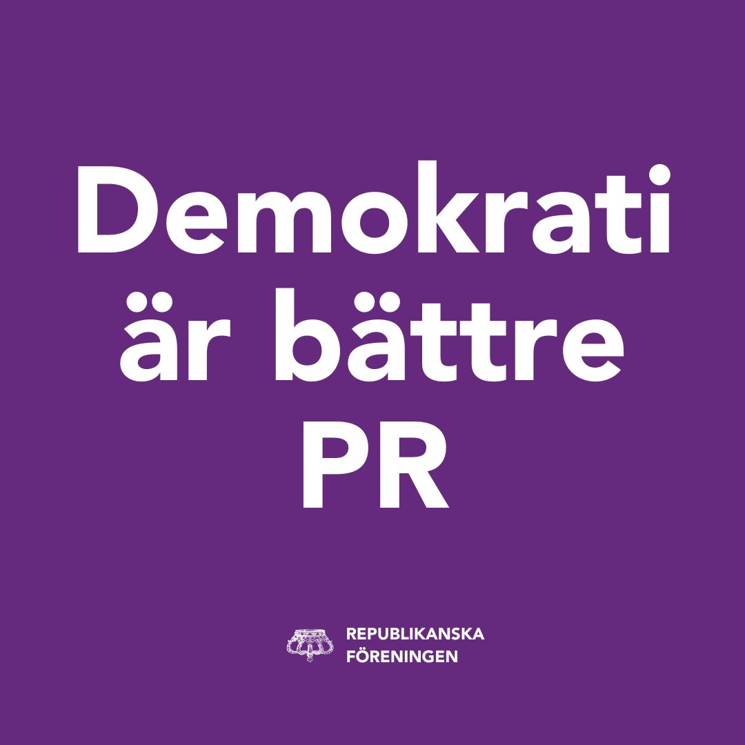 RepF's tweet photo. Vad står monarki för, egentligen? Monarki står för föråldrade hierarkier, brist på insyn, traditionella könsroller, blind pliktmoral, ett okritiskt upphöjande av det tomma och ytliga, och framför allt: föreställningen att det är skillnad på folk och folk. Demokrati är bättre PR! https://t.co/u4CcLyE9Jn