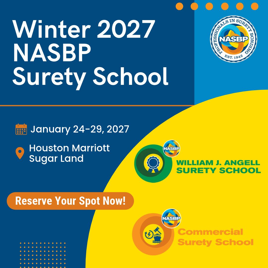 nasbp's tweet photo. Save your seat at the winter 2027 NASBP Surety School: https://t.co/ziFKIQ8oWk Join us January 24-29, 2027, at the Houston Marriott Sugar Land, for Contract Surety School Levels I &amp; II and Commercial Surety School Levels I &amp; II. #MakeSuretyACareer #StabilityThroughPurpose #Surety https://t.co/I6uVIXPNQz