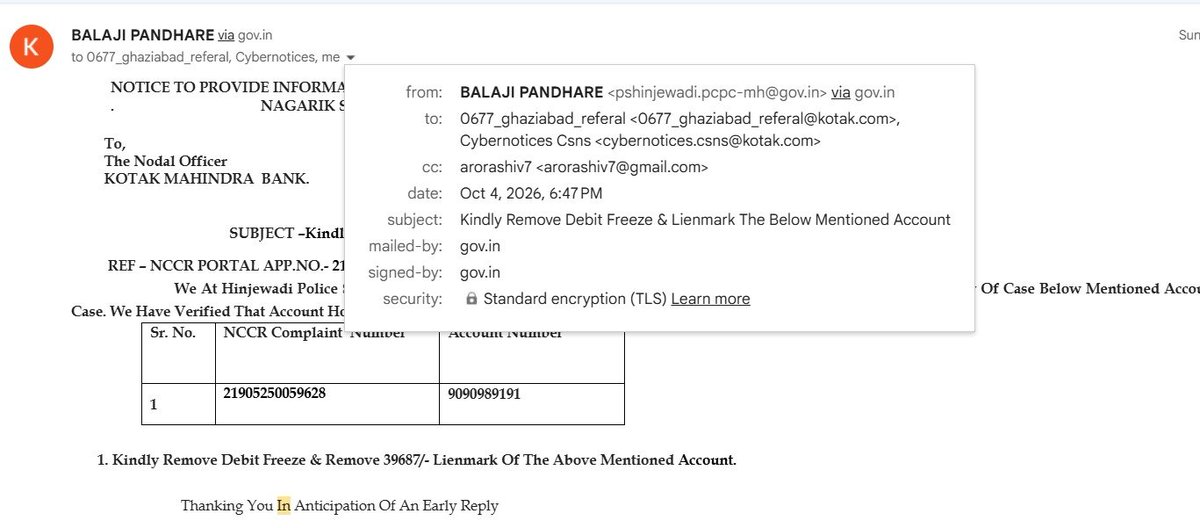 arorashiv7's tweet photo. @KotakBankLtd @RBI @Cyberdost @MHAIndia

“When Cyber Police says REMOVE THE LIEN, why is Kotak Bank still holding my money?
क्या बैंक के लिए सरकारी Cyber Police का written instruction भी पर्याप्त नहीं है?
4 October 2026 को Hinjewadi Police / Cyber Police ने Kotak Mahindra Bank को official government email से स्पष्ट निर्देश दिया कि मेरे account से ₹39,687 का lien हटाया जाए और Debit Freeze remove किया जाए।
आज 6 October है—लगभग 2 दिन बीत चुके हैं, लेकिन Kotak Bank ने अभी तक मेरा account unblock नहीं किया।
सवाल सीधा है:
1️⃣ जब Cyber Police ने खुद lien हटाने का निर्देश दे दिया, तो Kotak Bank किस आधार पर lien/debit freeze जारी रख रहा है?
2️⃣ क्या Kotak की internal process सरकारी investigating agency के written instruction से ऊपर है?
3️⃣ मेरे पूरे account को debit freeze करके मेरे legitimate business transactions क्यों रोके जा रहे हैं?
मैं एक businessman हूँ और इस account से legitimate business transactions करता हूँ। बिना स्पष्ट कारण पूरे account को रोकना मेरे business और customers दोनों को प्रभावित कर रहा है।
@KotakBankLtd कृपया सार्वजनिक रूप से बताएं—Cyber Police के written instruction के बावजूद account release करने में देरी क्यों हो रही है?
अगर बैंक के पास कोई अलग legal/investigative reason है, तो लिखित में बताइए।
अब सिर्फ “branch जाइए”, “internal team देख रही है” या “wait कीजिए” वाला जवाब स्वीकार नहीं होगा।
I need a written reason and immediate resolution.
#KotakMahindraBank #KotakBank #BankingIssue #AccountFreeze #DebitFreeze #Lien #CyberCrime #CyberPolice #RBI #BankingRights