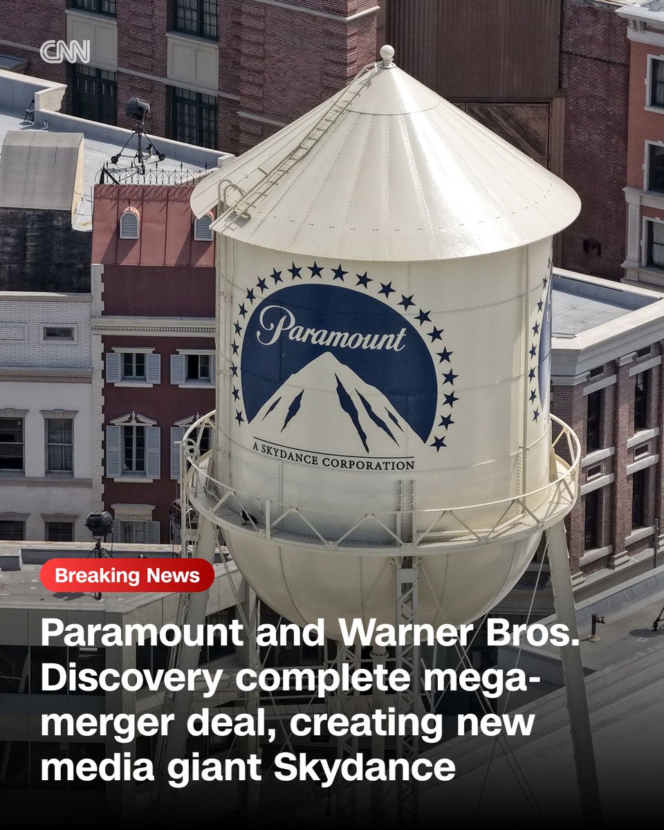 cnnbrk's tweet photo. Paramount and Warner Bros. Discovery complete mega-merger deal, creating new media giant Skydance https://t.co/a9YNlq3kAq https://t.co/l7648mIslI
