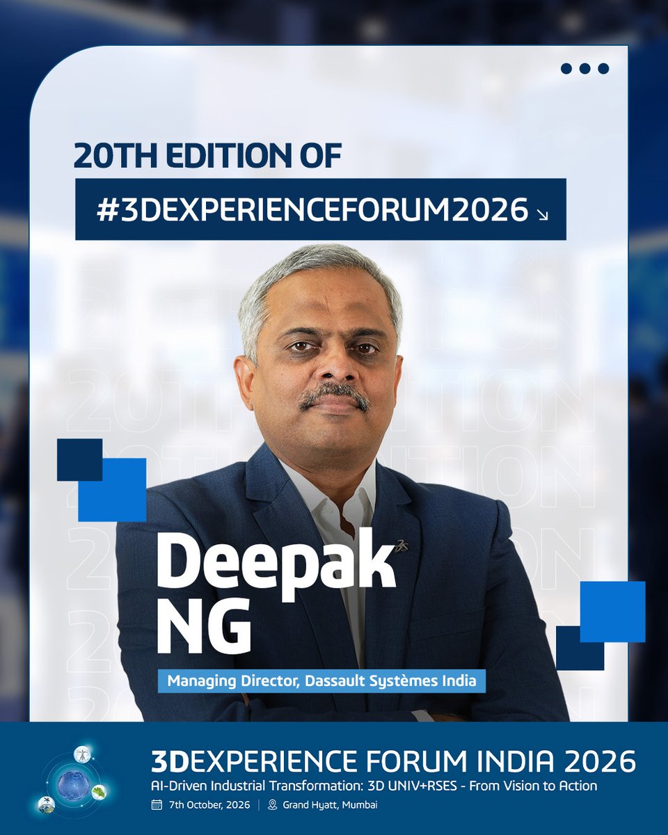 3DSIndia's tweet photo. From AI-driven transformation to the future of industry, our speakers and experts bring diverse experiences, bold perspectives, and fresh thinking to #3DEXPERIENCEForum2026.

Meet the full speaker lineup: https://t.co/v7SDXFkD0W https://t.co/BMptBubn6D
