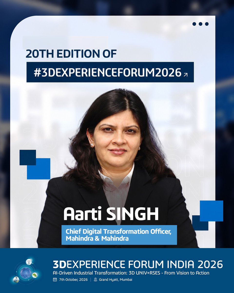 3DSIndia's tweet photo. From AI-driven transformation to the future of industry, our speakers and experts bring diverse experiences, bold perspectives, and fresh thinking to #3DEXPERIENCEForum2026.

Meet the full speaker lineup: https://t.co/v7SDXFkD0W https://t.co/BMptBubn6D