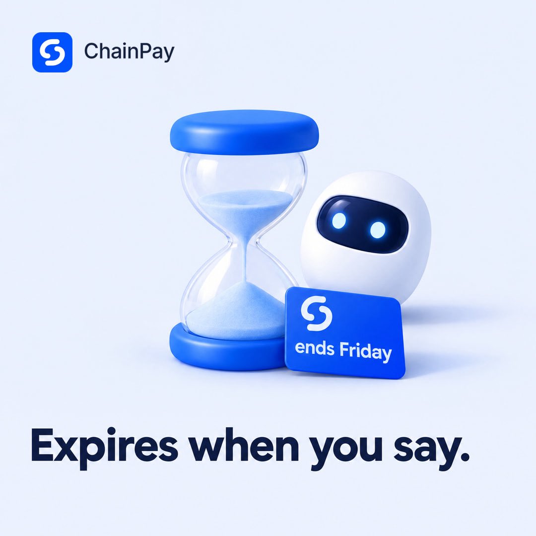 chainpay_sol's tweet photo. Most agent permissions never expire. Yours should. ⏳

With ChainPay, you set the end date: Friday, tomorrow, or an hour from now. When the clock runs out, your agent's spending authority is revoked automatically. No cleanup, no stale access.

Expires when you say. https://t.co/nMuoUgWpur