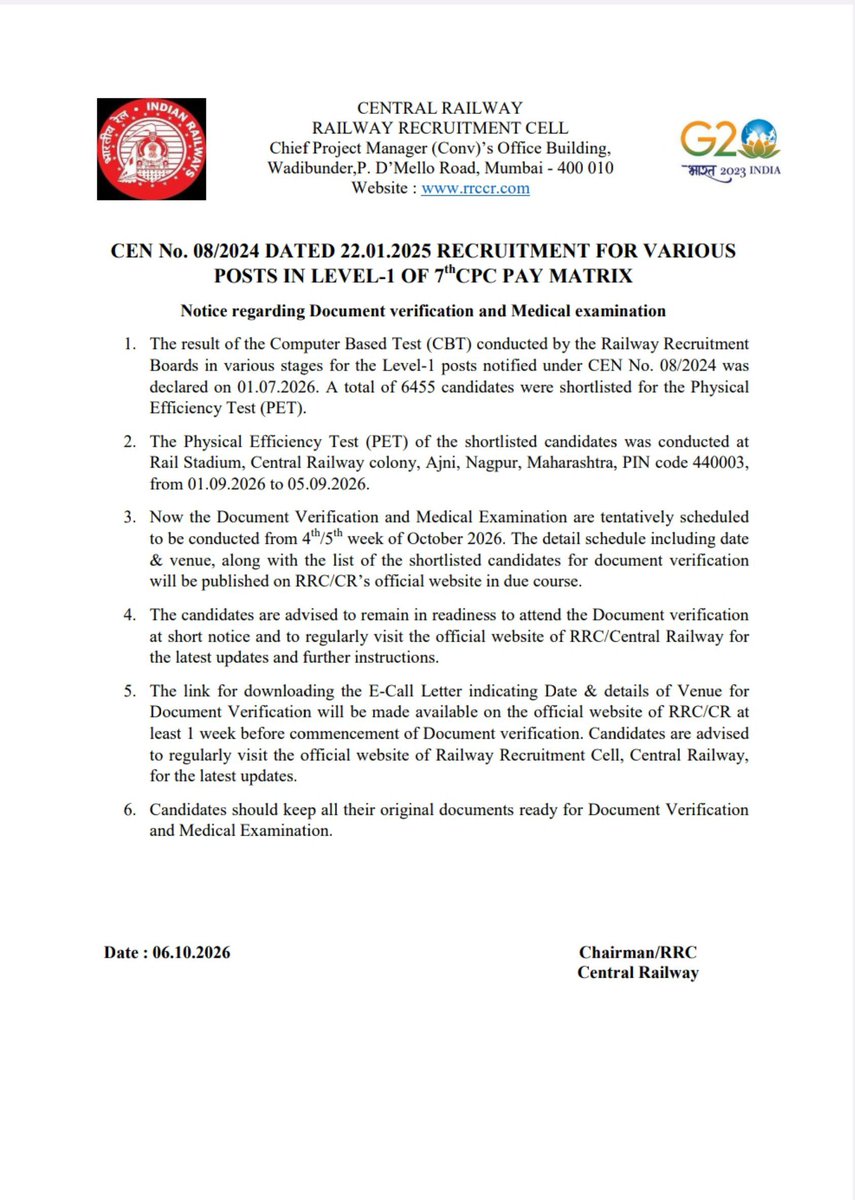 sunilkvideos's tweet photo. RRC CR Mumbai Group-D DV Date Out✅ 
✅ DV Date : 4/5th Week Of October

सवाल ये है कि कौन - कौन Document बना के रखेगा आखिर? 😂
जब तक DV List नहीं आएगा तो कैसे किसी को पता चलेगा कि किसको Document तैयार करना है l 

@drmmumbaicr 
@Central_Railway 
@RailMinIndia 
@AshwiniVaishnaw https://t.co/l2l02tYVDK