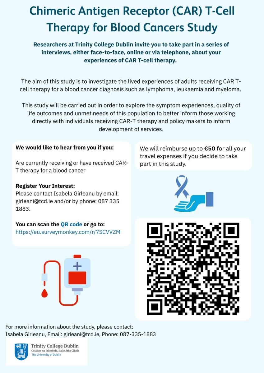 CancerInstIRE's tweet photo. Were you treated with CAR-T therapy for a blood cancer? Researchers at @tcddublin are inviting adults with experience of CAR-T treatment to share their journey from treatment through survivorship. See the poster below for information on taking part.  #PatientExperience https://t.co/DWkx0bYjwk