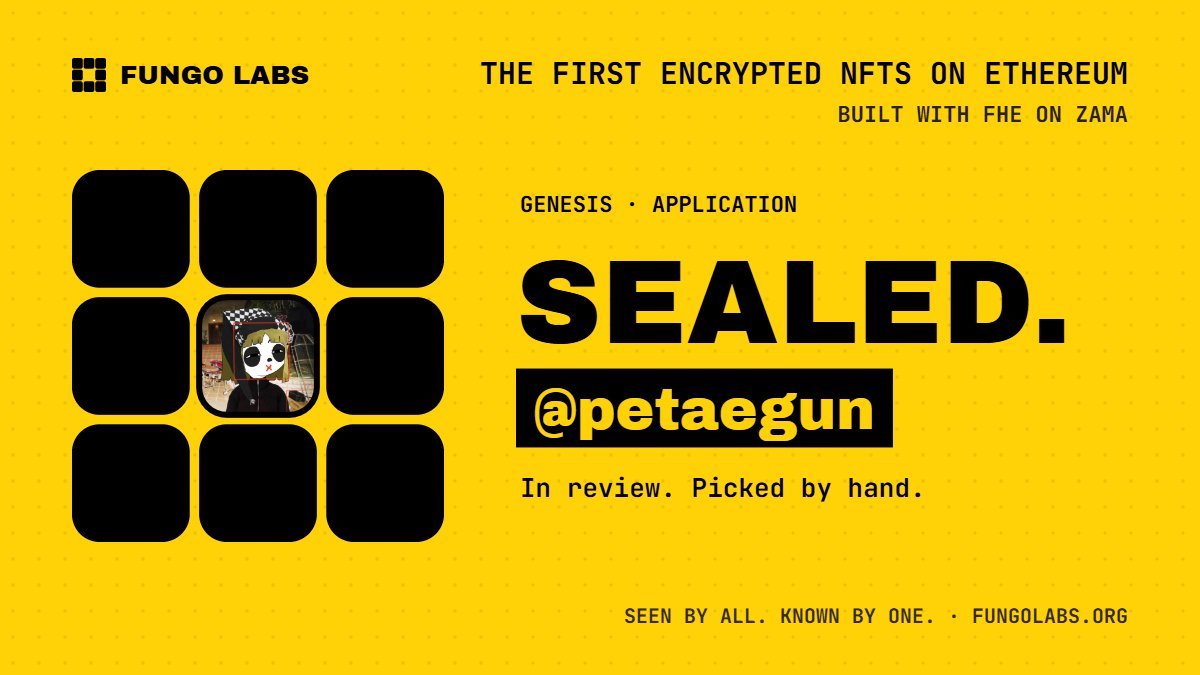 petaegun's tweet photo. came across @FungoLabs and the privacy angle caught my eye

- 3,232 nfts on ethereum using @zama’s fhe
- 500 free mint spots across wl and nominees
- wl applications are live and reviewed manually

holders decide whether to reveal the art while the core stats stay encrypted

https://t.co/JWb4IBoI2P

keeping this on my radar

dyor