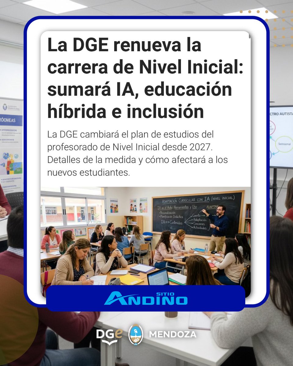 TadeoGZ's tweet photo. La educación también cambia cuando cambian las herramientas con las que formamos a nuestros docentes.

Desde 2027, el Profesorado de Nivel Inicial tendrá un nuevo diseño curricular en Mendoza, con una formación más vinculada a la tecnología, la inclusión y las nuevas realidades de las aulas.

Formar mejor a quienes acompañan los primeros años es también apostar por una mejor educación desde el comienzo.

🔗: https://t.co/uyhQHab6FQ