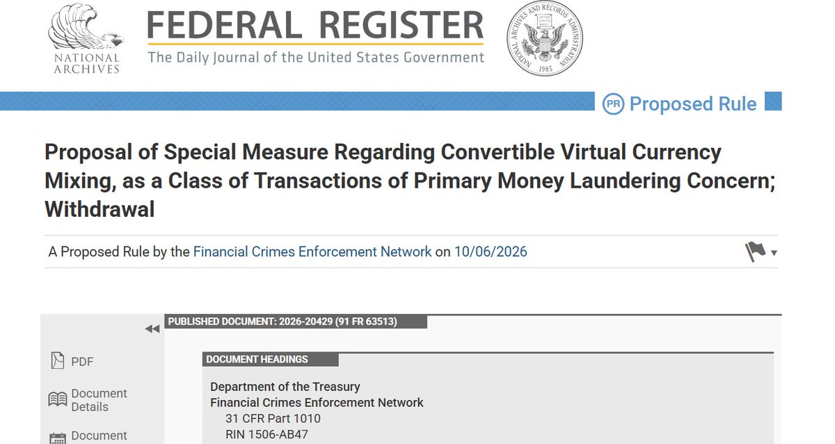 alexstanczyk's tweet photo. FinCEN just withdrew the rule that would have treated crypto mixers as a primary money laundering threat.

Buried in the notice: “lawful users of digital assets may leverage mixers to enable financial privacy when transacting through public blockchains.”

Federal Register still files it under “Proposed Rule” ...that is the section used for withdrawals of proposed rules. 

The practical result is that the 2023 mixer proposal is dead.

Link in thread 👇