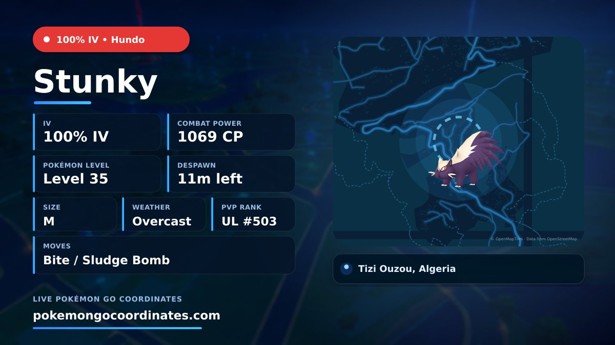 CoordsPokemonGo's tweet photo. #Stunky Wild Spawns
π―% IV β’ 1069 CP β’ Level 35
Despawns in 11m
π 36.674717,4.037176
#100IVLevel35 β’ #Hundo https://t.co/Sms5EpitR7