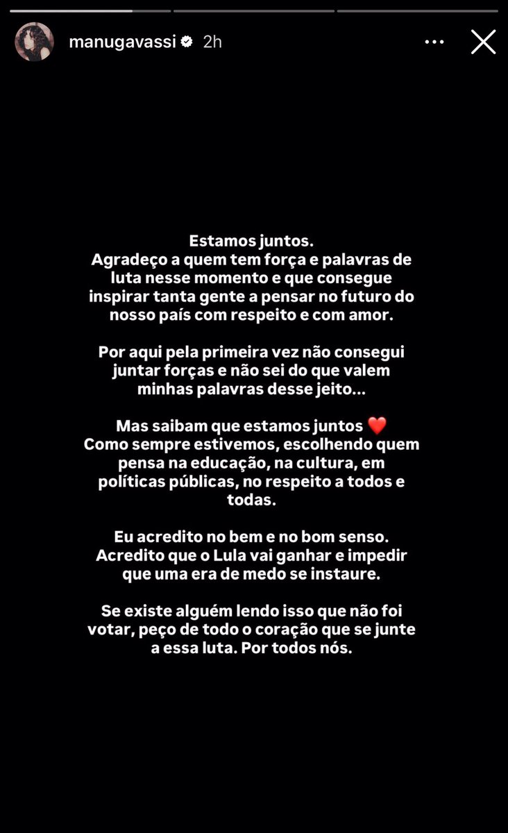 tracklist's tweet photo. Manu Gavassi declara apoio a Lula no 2º turno das #Eleições2026:

“Se existe alguém lendo isso que não foi votar, peço de todo o coração que se junte a essa luta. Por todos nós.” https://t.co/yCt3oysQV8
