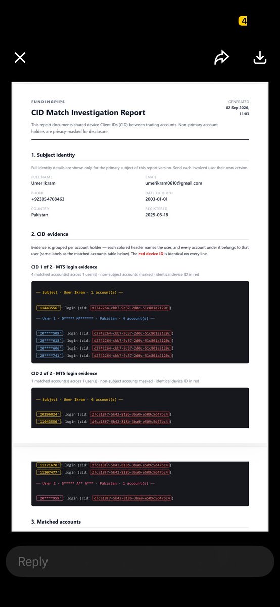 PropFirmShinobi's tweet photo. 🚨 Funding Pips. Both phases passed, then the funded account was never issued.

@Umerikram27 says he passed both phases but his account was terminated right before getting the funded login.

The reason given was a device ID match.

He says the device is his and that he can prove it. He also says the final answer from the firm was that the decision was final and couldn’t be reversed.

The big question is simple:

What exactly matched, and why wasn’t a live device check enough to clear it?

@fundingpips @Khldfx @avikkfp

If there’s a genuine device match, show the evidence behind it.

If the trader can prove the device is his, that should be considered too.

No guessing. Just the evidence.

#FundingPips #PropFirm #Trading #FundedTrader