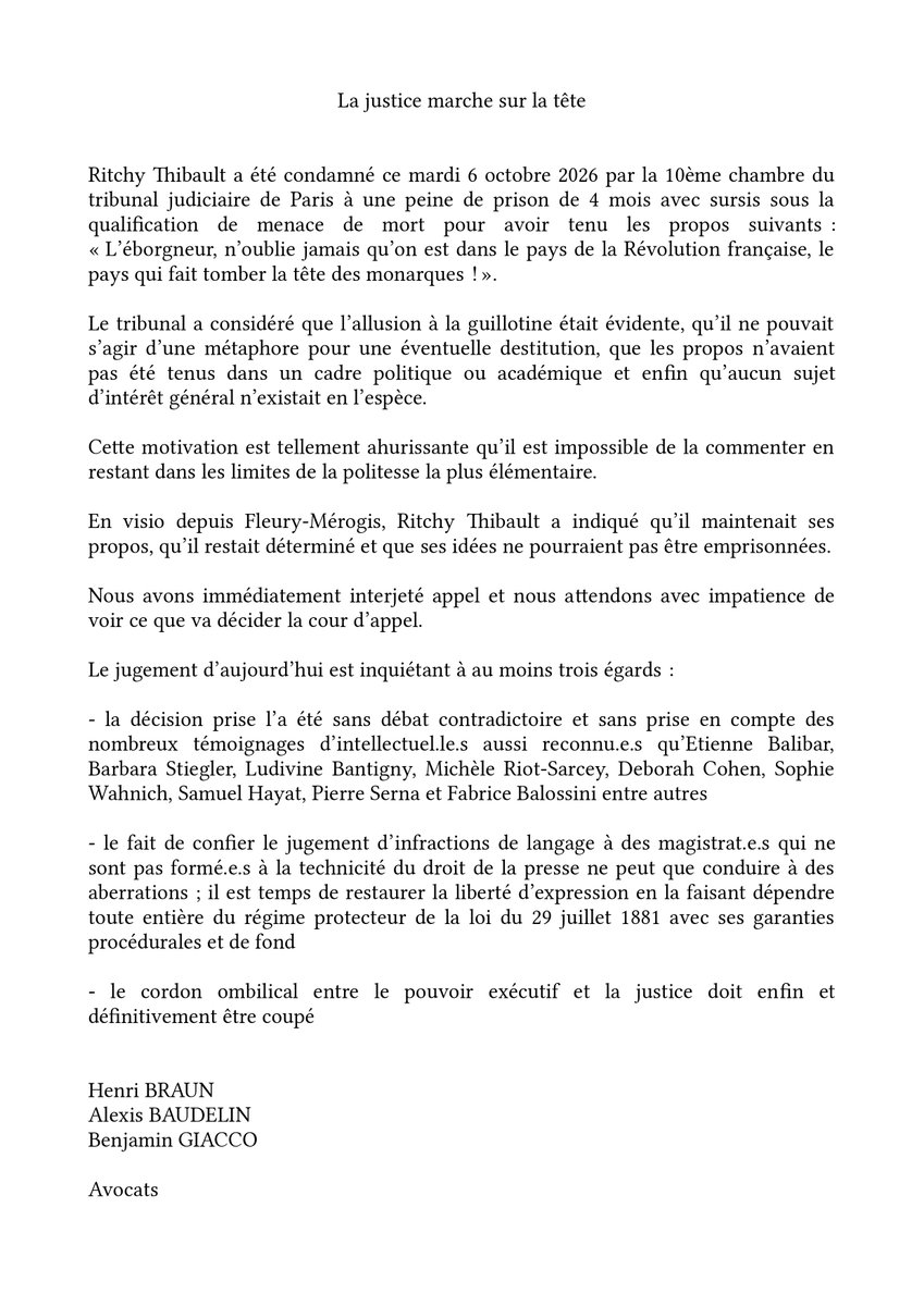 Braunavocat's tweet photo. Communiqué de presse des avocats de @ritchy_thibault 
Une condamnation aberrante qui s'ajoute à une détention provisoire totalement injustifiée.
Profitez en pour lire ce livre sur le procès voulu par Macron :
https://t.co/BB5zQ9rFSw https://t.co/FGoskLotTp