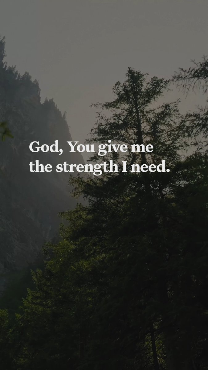 A misty mountain and silhouetted tree backdrop with the text "God, You give me the strength I need." overlay, visually reinforcing the post's message of surrendering burdens to Jesus, as mountains often symbolize life's heavy challenges.