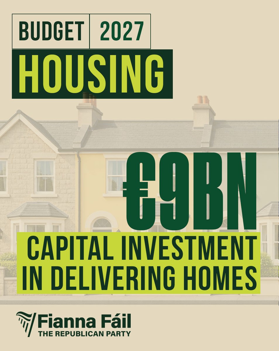 fiannafailparty's tweet photo. Investing in homes. Delivering Communities 

Fianna Fáil with @JamesBrowneTD has secured €9bn in investment to increase housing supply, with funding across social, affordable and private housing.

That includes:

€3bn for social housing, supporting circa 11,500 new social homes https://t.co/YxM4fPyBP9