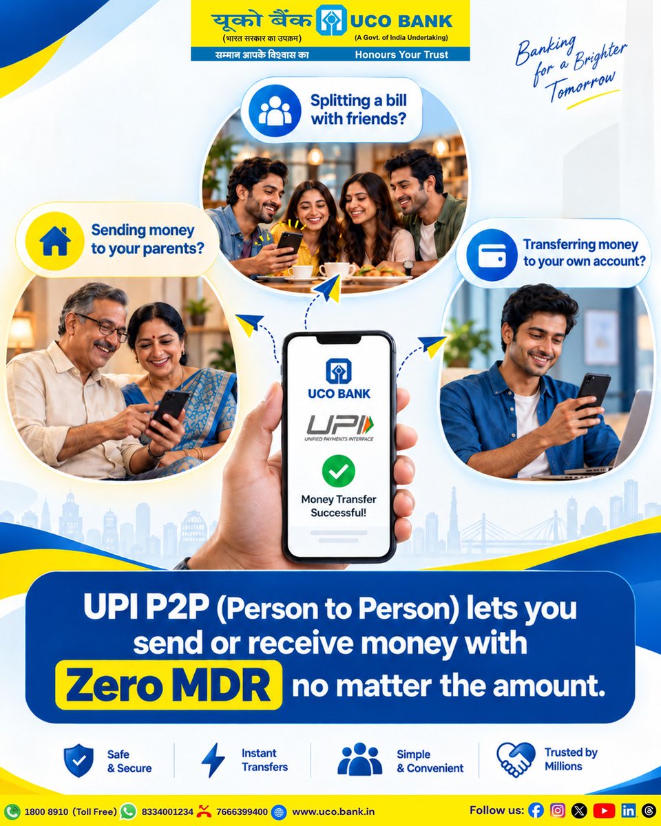 UCOBankOfficial's tweet photo. 💙 Shared moments. Family connections. Everyday transfers.

Splitting a bill with friends, sending money to your parents or transferring funds to your own account? Make it simple with UCO Bank UPI! 📲

Enjoy instant person-to-person transfers with Zero MDR. ✨

UCO Bank — Banking for a Brighter Tomorrow.

#UCOBank #UPI #ZeroMDR #DigitalBanking #DigitalPayments #UCOgoesDigital